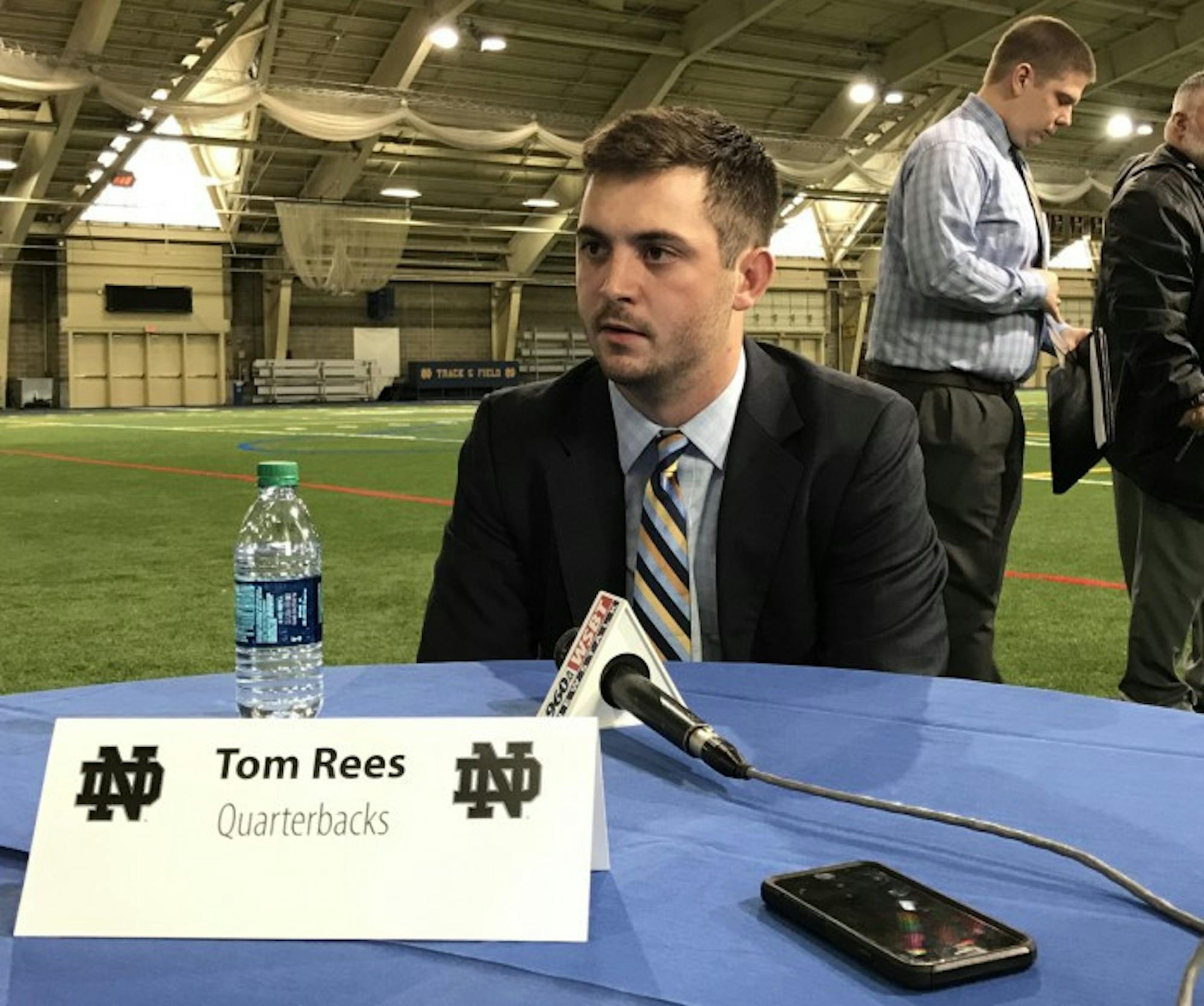 Tom Rees answers questions from the media after being introduced as Notre Dame’s quarterbacks coach on Jan. 30.