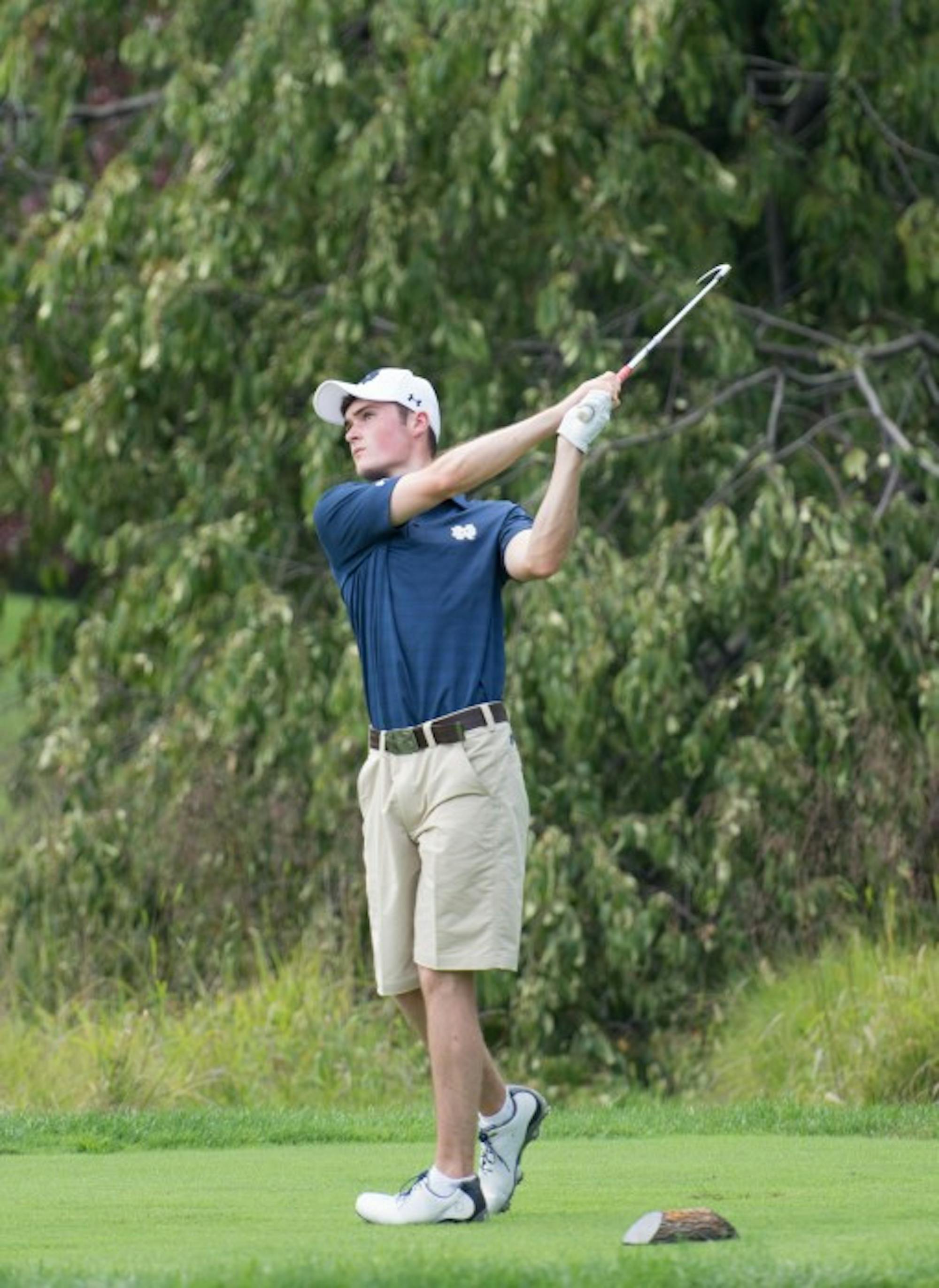 Irish sophomore Liam Cox tees off during the Notre Dame Kickoff Challenge at Warren Golf Course on Aug. 31. Cox tied for 45th place at the Windon Memorial Classic this past weekend.