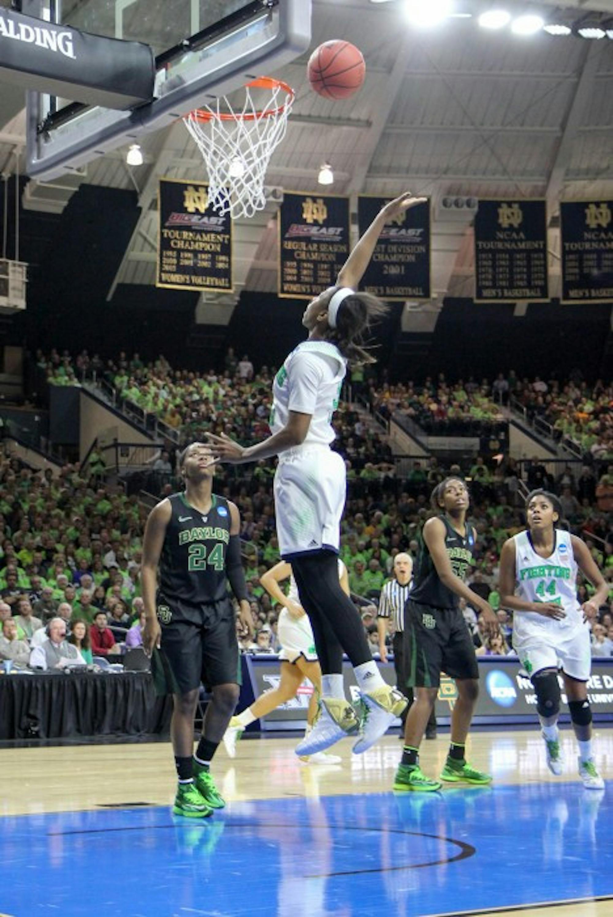 Former Irish guard Jewell Loyd goes up for a shot during Notre Dame’s 88-69 win over Baylor in the Elite Eight on March 31, 2014, at Purcell Pavilion. Loyd currently plays for the Seattle Storm.
