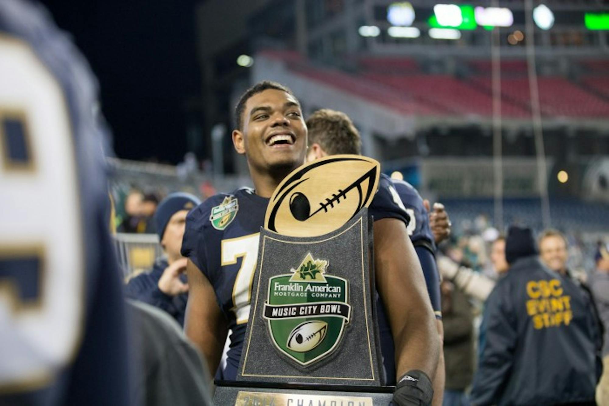 Irish offensive lineman Ronnie Stanley celebrates Notre Dame's 31-28 victory over LSU at the Franklin American Mortgage Music City Bowl at LP Field on Dec. 30, 2014. Stanley was Notre Dame's first offensive tackle drafted in the first round of the NFL Draft since Luke Petitgout was drafted No. 19 overall by the New York Giants in 1999.