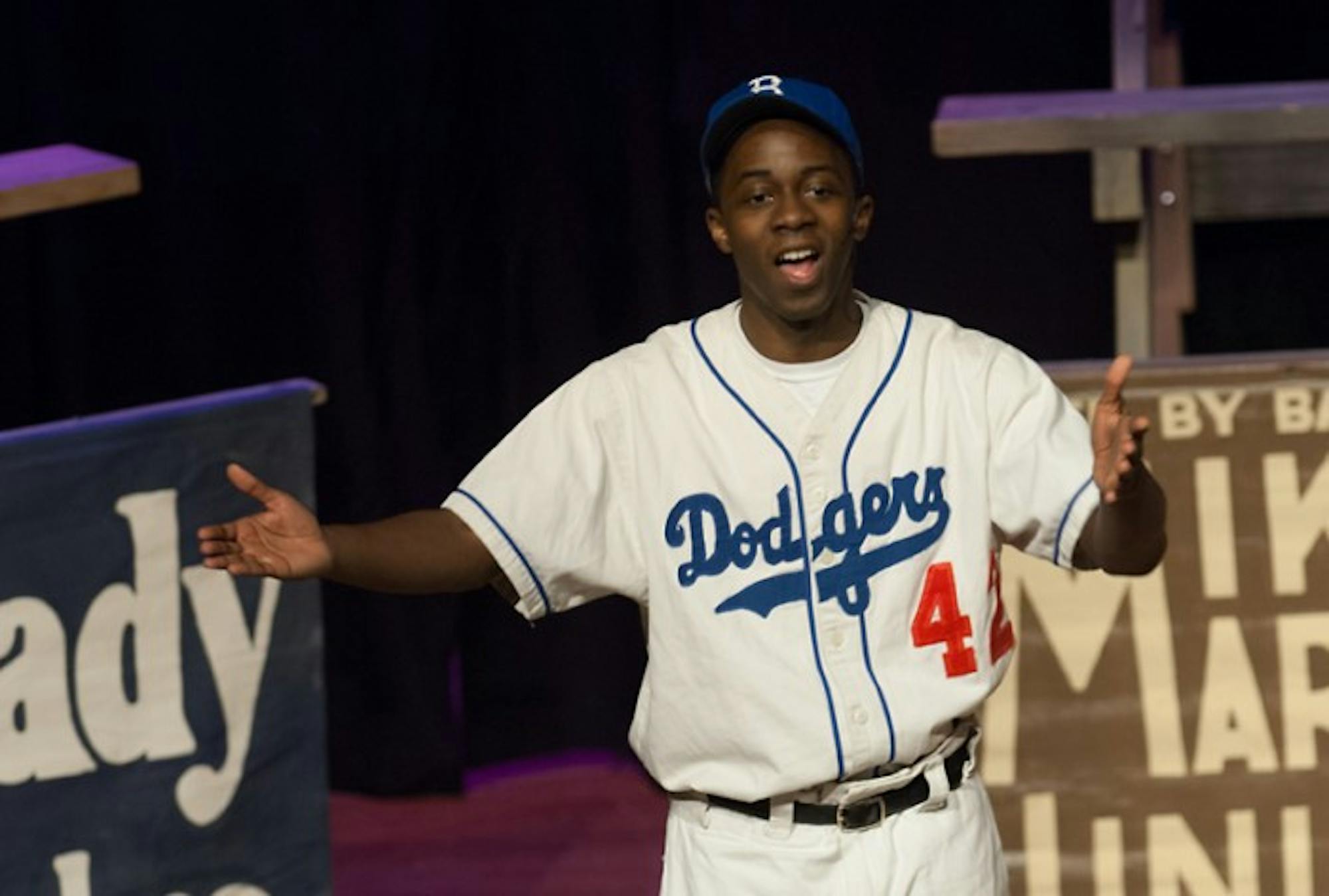 An actor portrays baseball great Jackie Robinson in the play “Everybody’s Hero” in the Saint Mary’s O’Laughlin Auditorium on Monday.