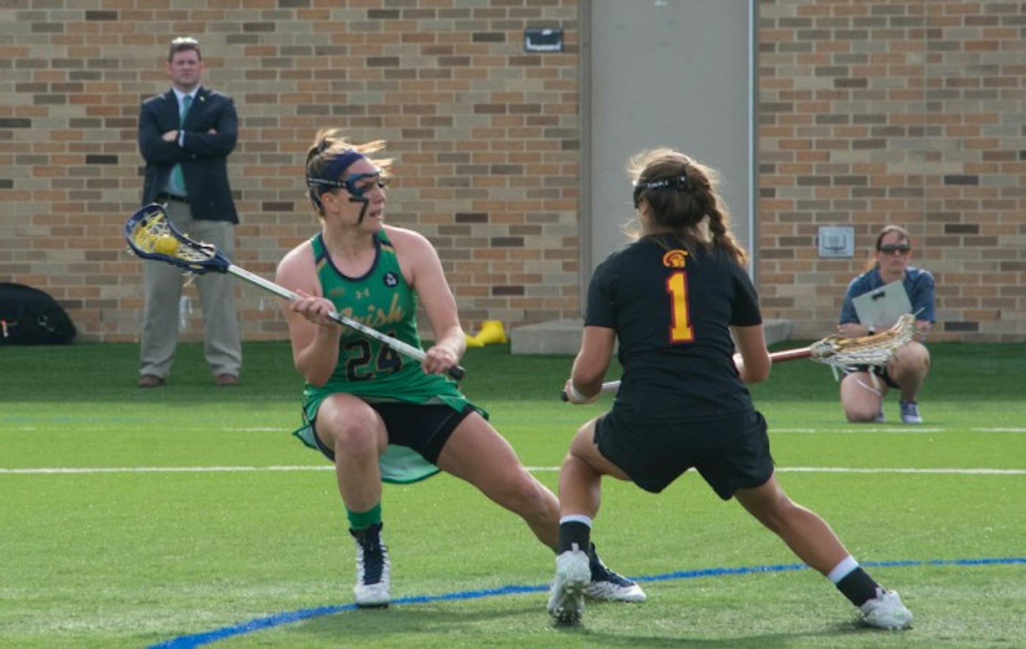 Irish senior midfielder Casey Pearsall looks to pass during Notre Dame’s 5-4 loss to USC on April 18.