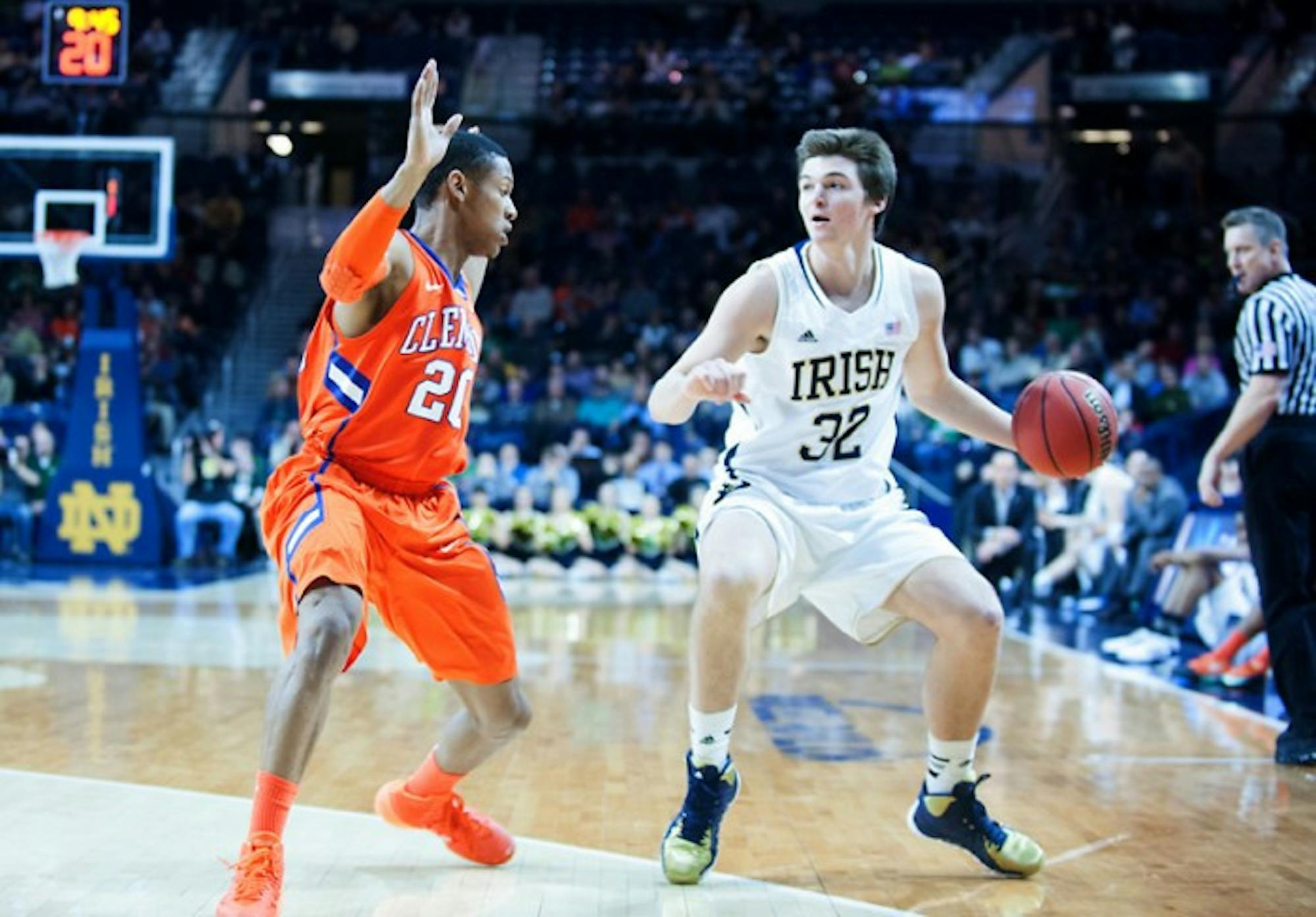 Irish freshman guard Steve Vasturia controls the ball during Notre Dame’s 68-64 win (2OT) over Clemson in the Purcell Pavilion on Feb. 11.