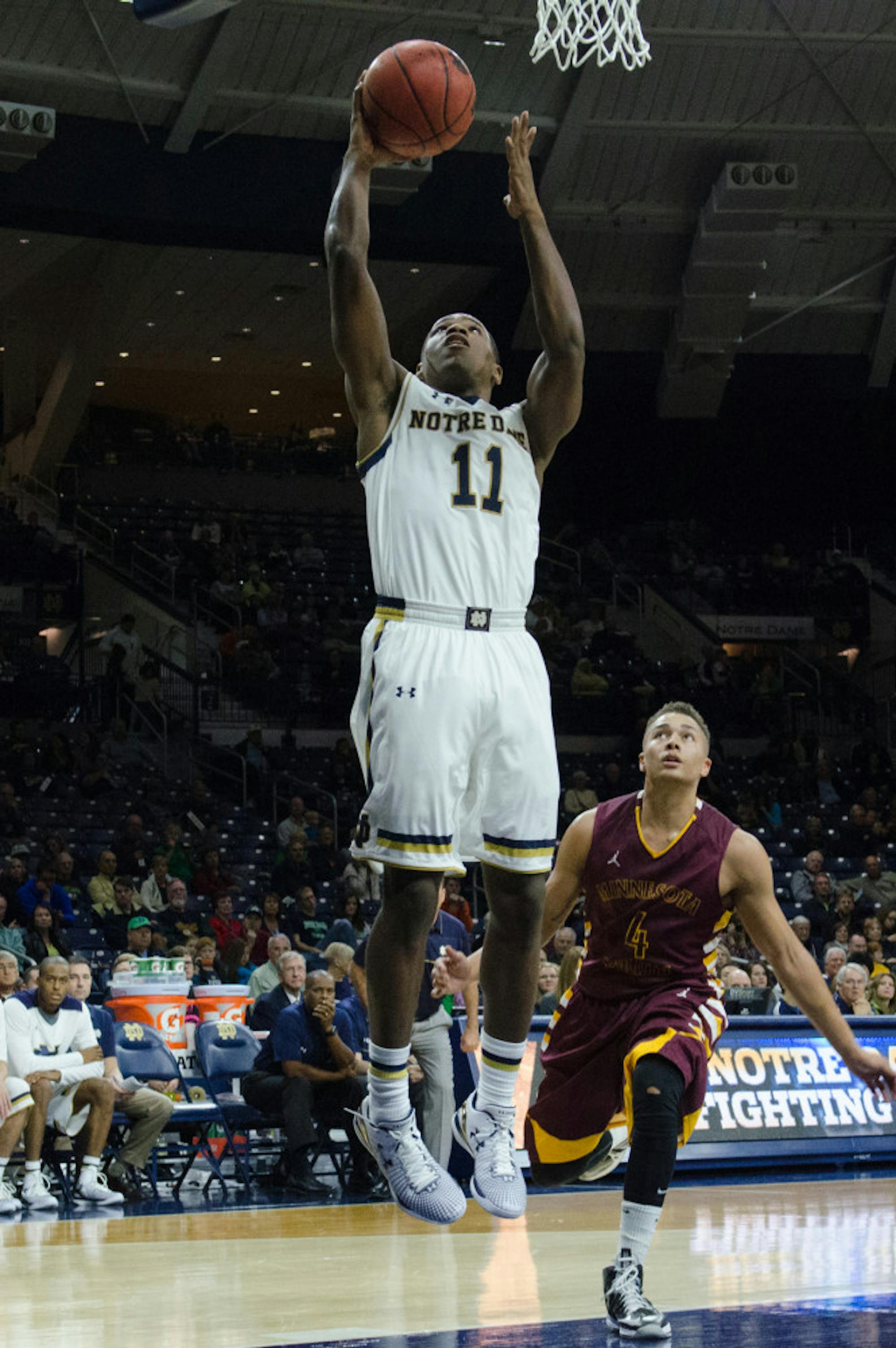 Irish sophomore guard Demetrius Jackson goes up for a layup Nov. 1 during Notre Dame’s 88-71 win over Minnesota Duluth