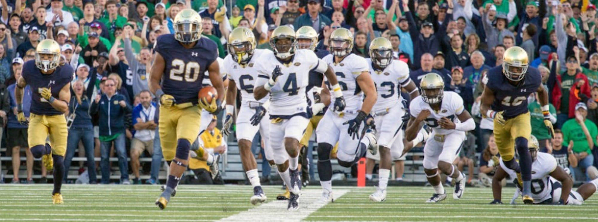 Irish senior running back C.J. Prosise sprints for a 91-yard touchdown run, leaving the Georgia Tech defense in his wake during Notre Dame’s 30-22 victory on Sept. 19 at Notre Dame Stadium.