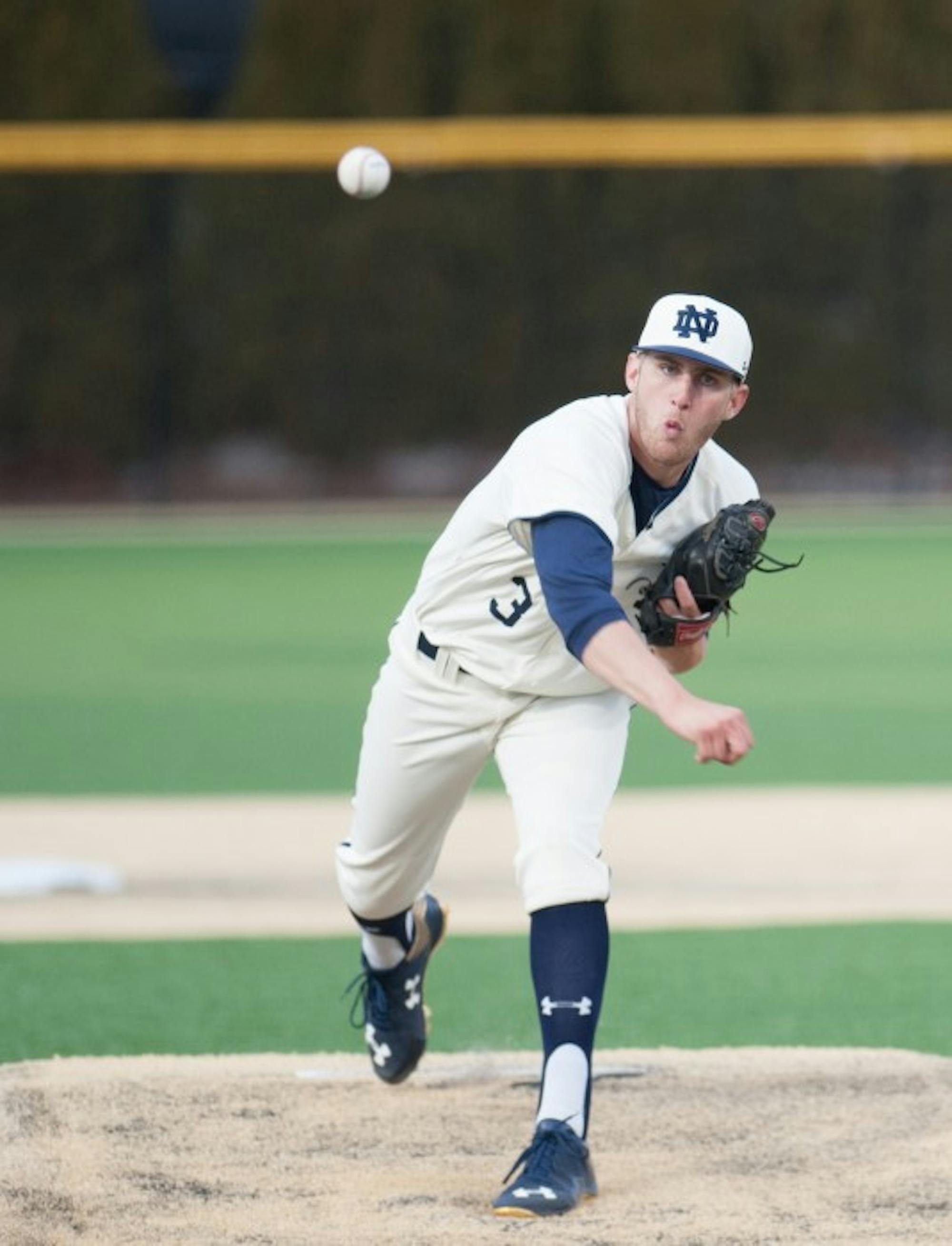 Irish sophomore right-hander Ryan Smoyer delivers a pitch during Notre Dame's 8-3 win over Central Michigan at Frank Eck Stadium on March 18.