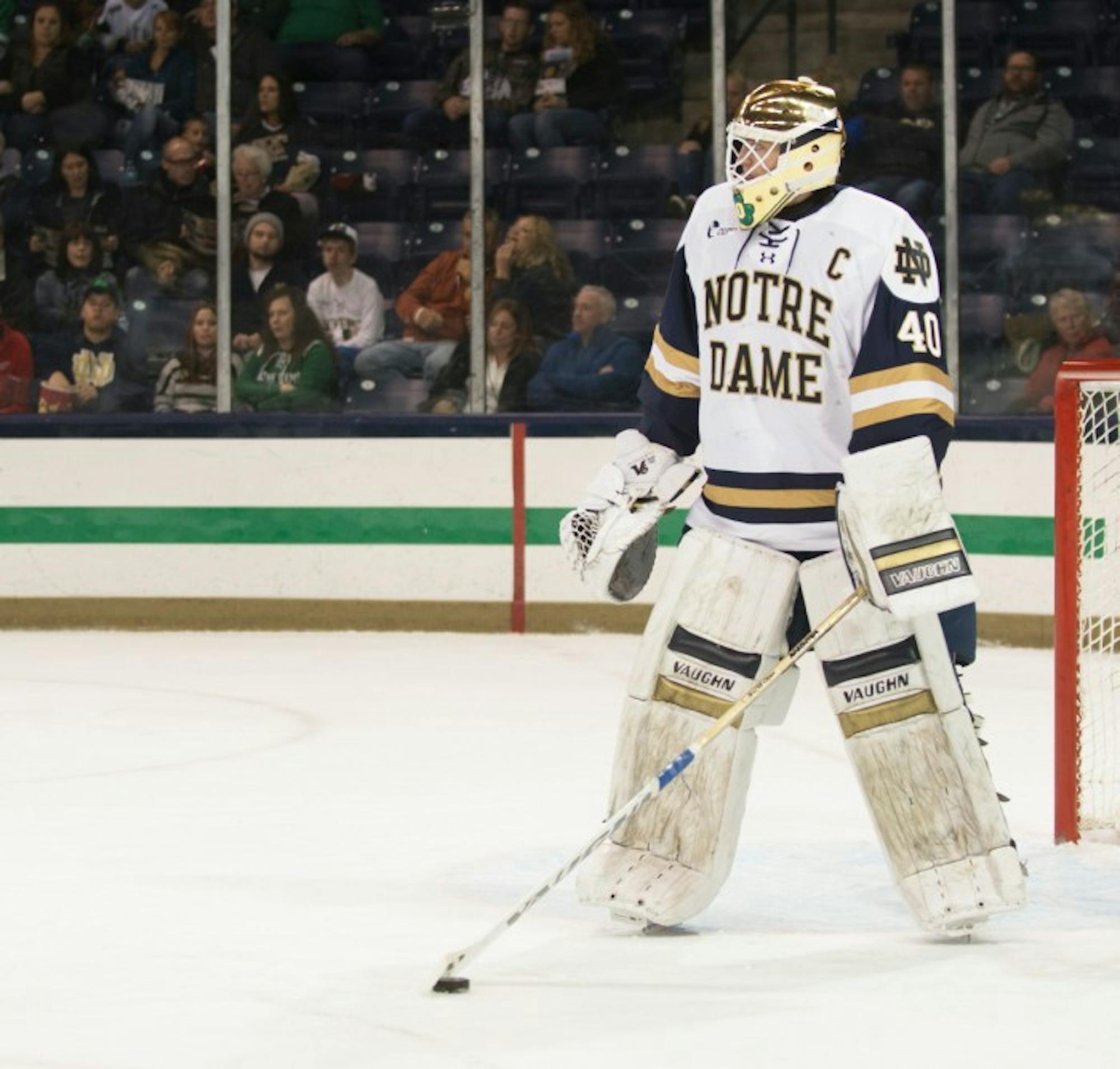 Irish junior goaltender Cal Petersen settles the puck during Notre Dame’s 3-2 loss in overtime to Penn State on Saturday.