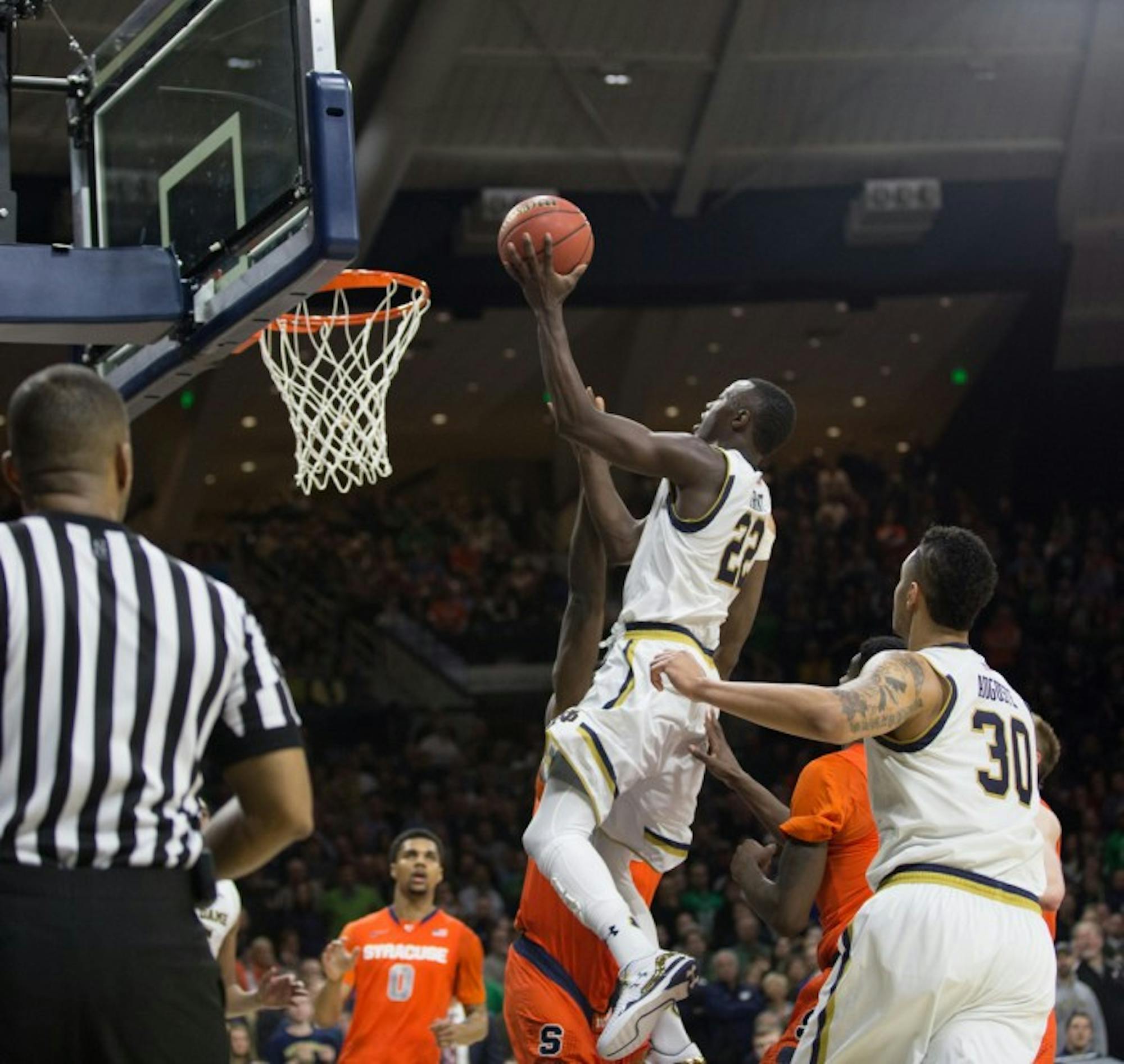Senior guard Jerian Grant goes up for a layup attempt during Notre Dame’s 65-60 loss to Syracuse on Feb. 24 at Purcell Pavilion. Grant finished tied for second in scoring for the Irish with 13 points.