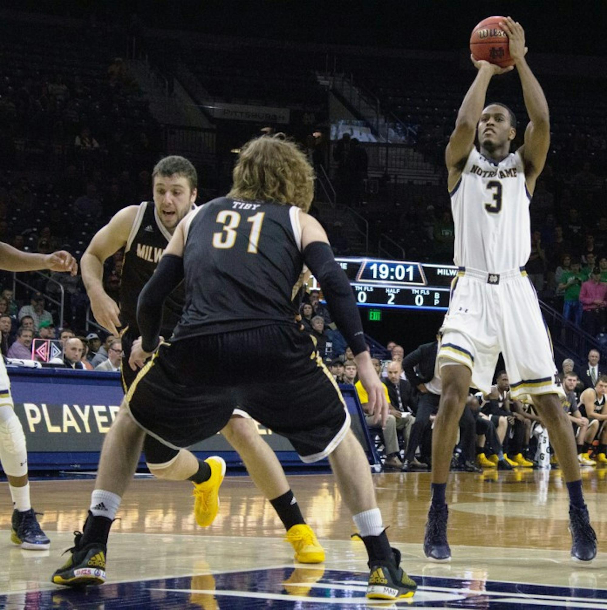 Junior forward V.J. Beachem shoots during Notre Dame’s 86-78  victory over Milwaukee on Tuesday at Purcell Pavilion.