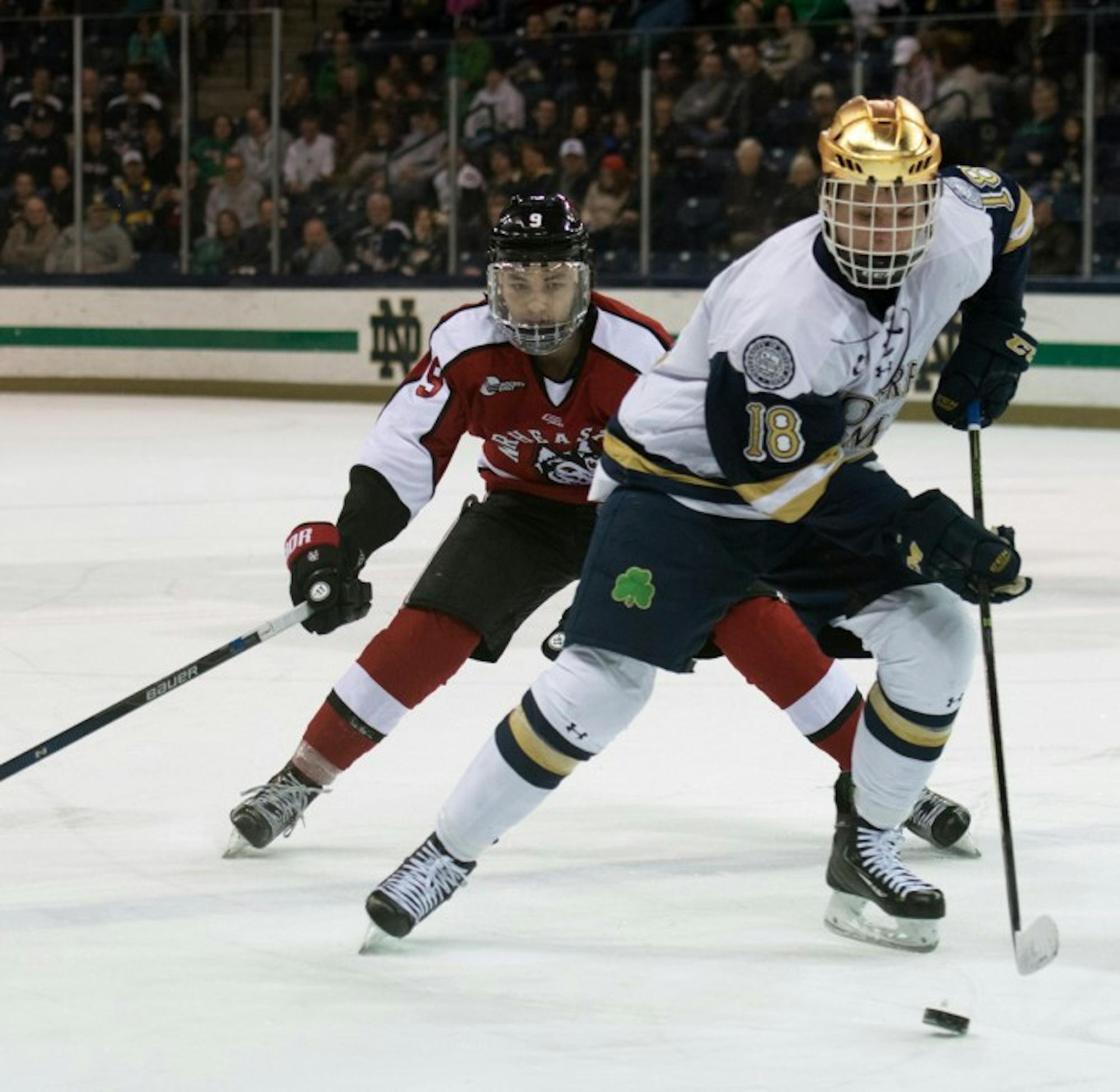 Irish sophomore center Jake Evans skates up the ice during Notre Dame's 6-4 loss to Northeastern on March 12 at Compton Family Ice Arena. The Irish are set to join the Big Ten for hockey starting in the 2017-18 season.