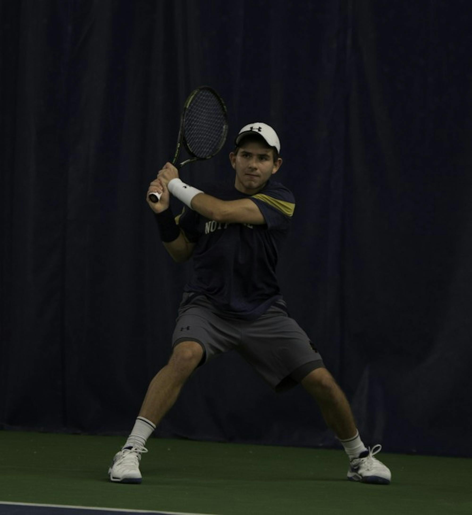 Irish freshman Guillermo Cabrera connects on a backhand during Notre Dame’s 7-0 win over Boston College on Saturday at Eck Tennis Pavilion.