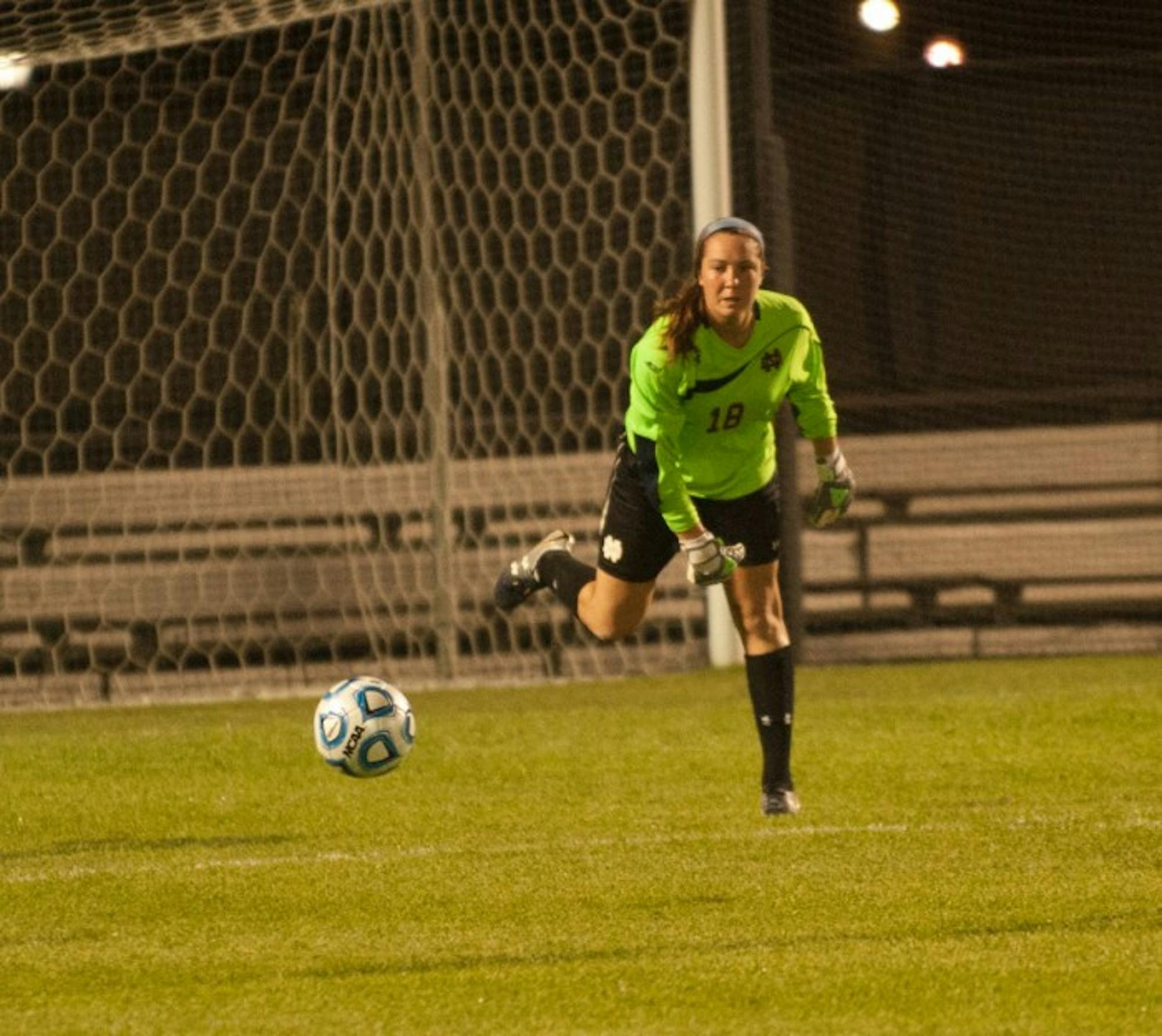 Irish sophomore goalkeeper Kaela Little rolls the ball out to her  teammate in Notre Dame’s 2-1 loss to Texas Tech on Aug. 29.