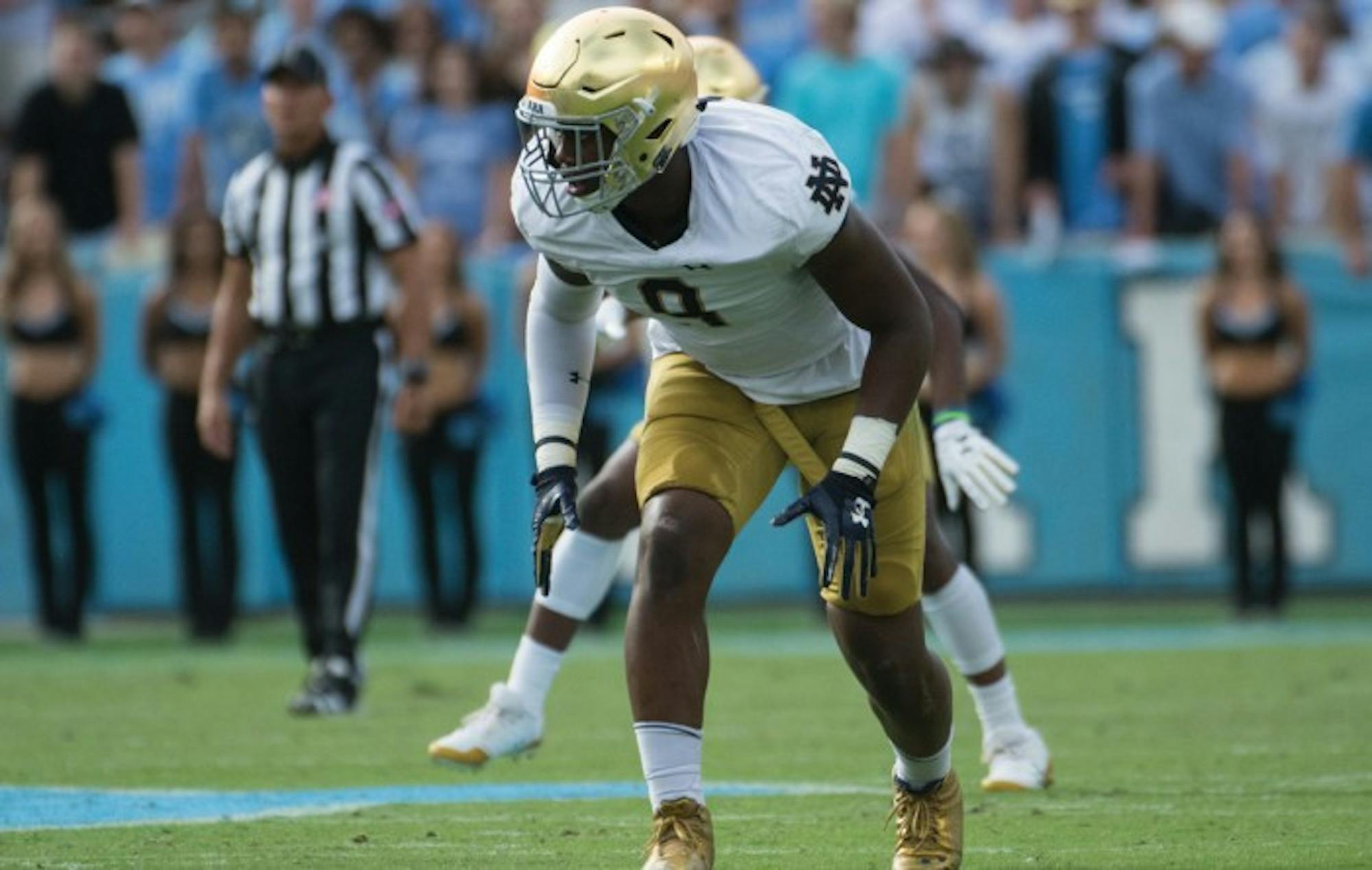 Irish sophomore defensive lineman Daelin Hayes lines up before the snap during Notre Dame’s 33-10 victory over North Carolina on Oct. 7 at Kenan Memorial Stadium in Chapel Hill, North Carolina.