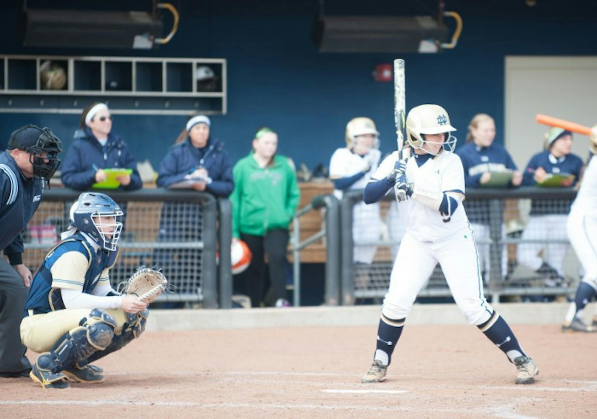 Irish senior infielder Katey Haus readies for a pitch during a win over Georgia Tech on March 21 at Melissa Cook Stadium. Haus leads the Irish with 11 home runs and 51 runs batted in this season.