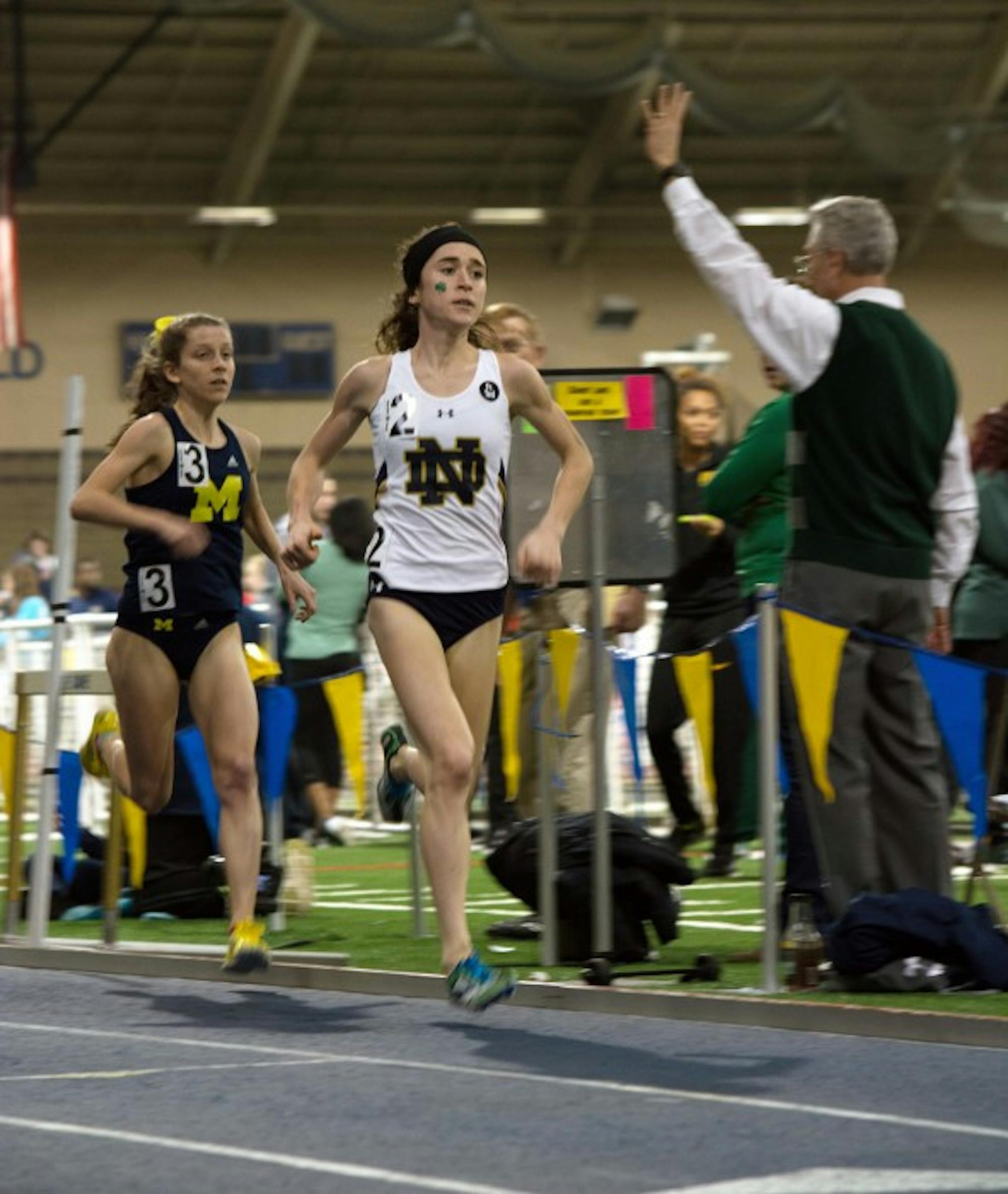 Irish senior Molly Seidel starts her final lap in the 3,000-meter run during the Meyo Invitational on Saturday. Seidel broke Molly Huddle’s previous school record in the event with a time of 8:57.13.