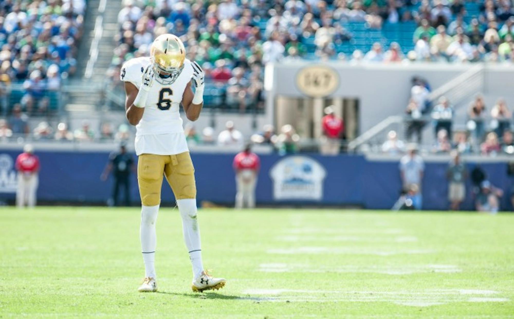 Equanimeous St. Brown psychs himself up before play the drive after a Navy touchdown.