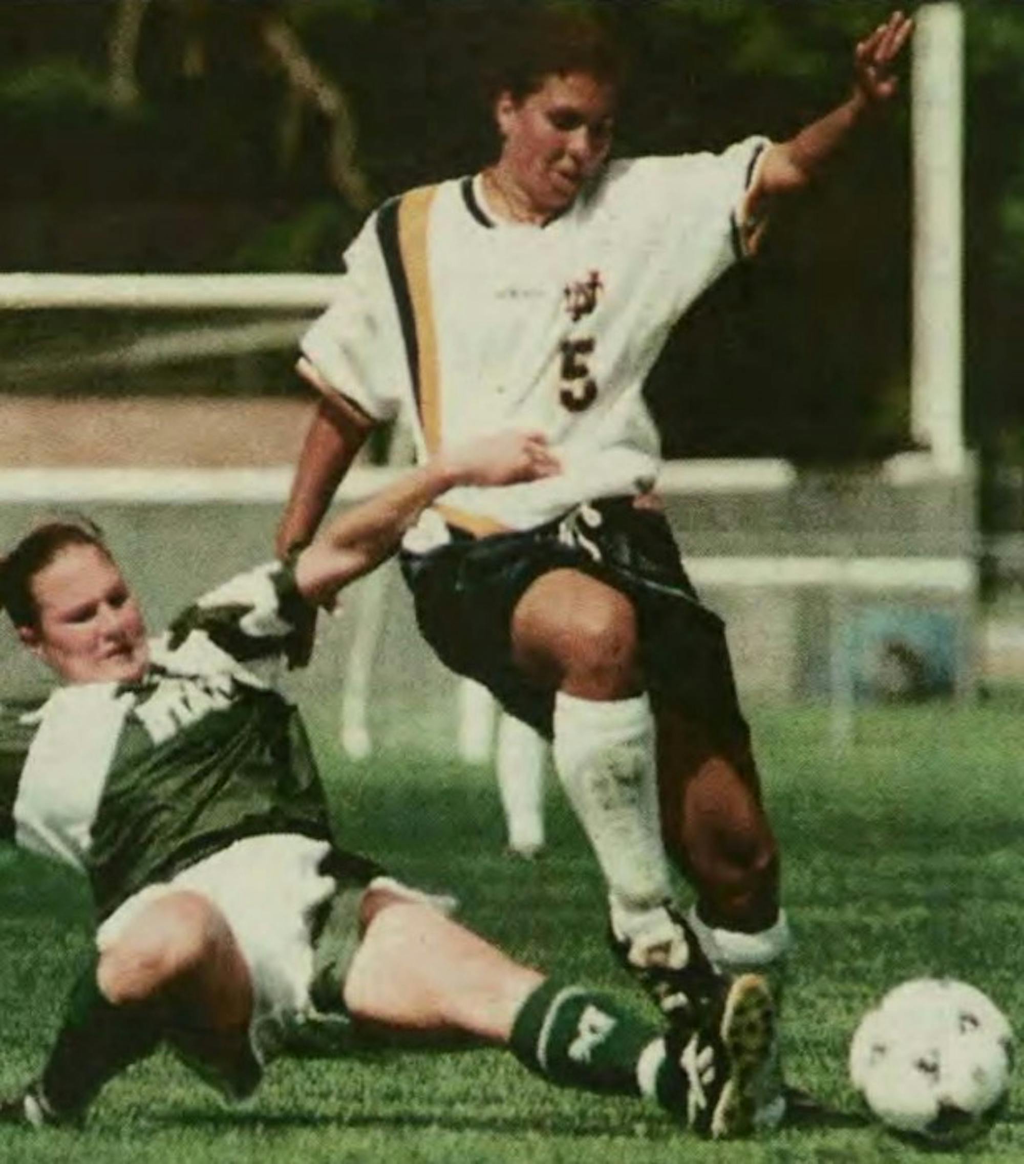 Midfielder Shannon Boxx hurdles over a slide tackle during Notre Dame’s 6-0 win over Michigan State on Aug. 31, 1997. Boxx finished her Irish career with 39 goals and 57 assists.