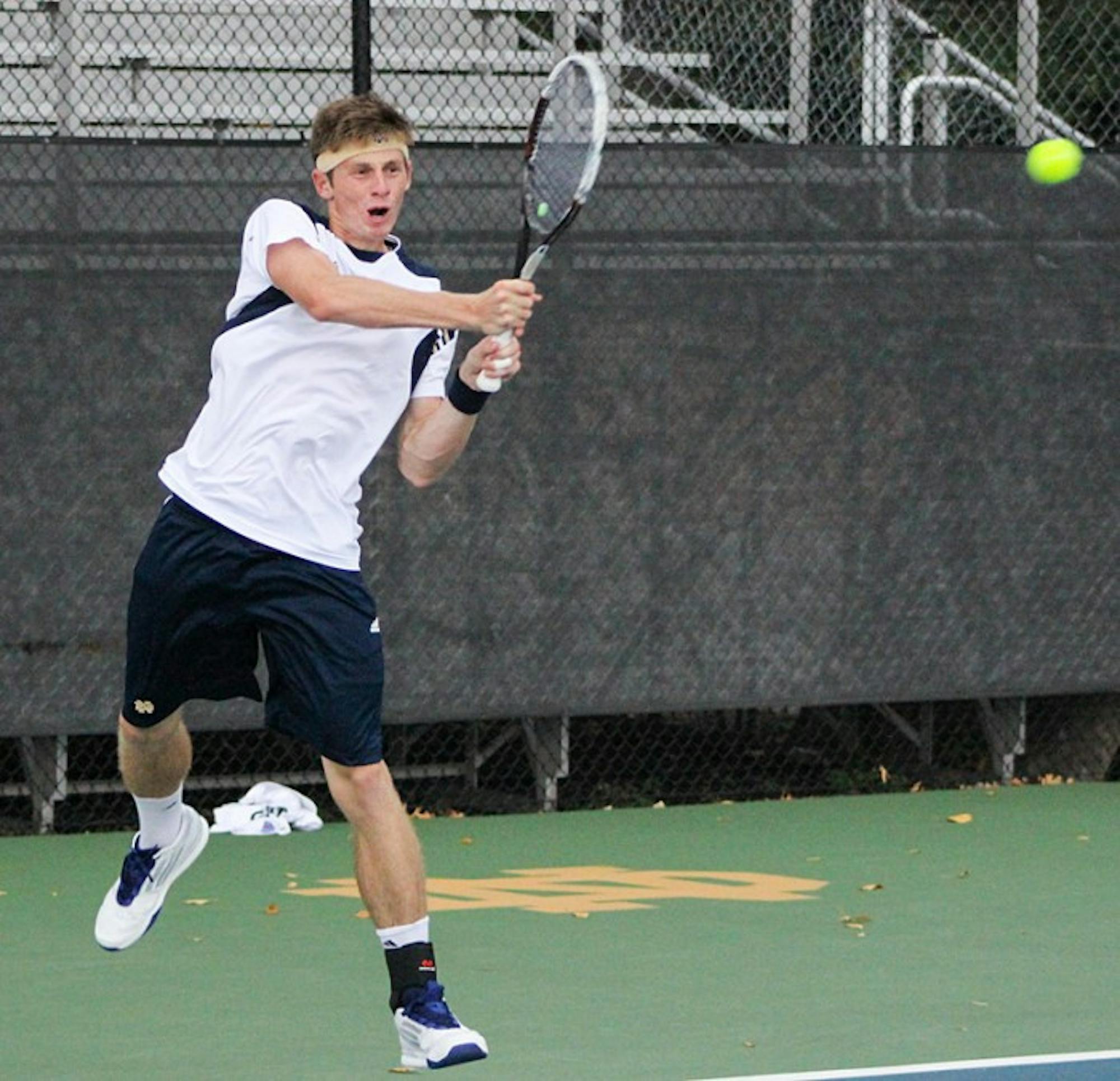 Sophomore Alex Lawson returns a shot in the Bobby Bayliss Invitational on Oct. 5. Lawson and senior Greg Andrews won their doubles matches against Kentucky and Minnesota on Friday and Saturday.