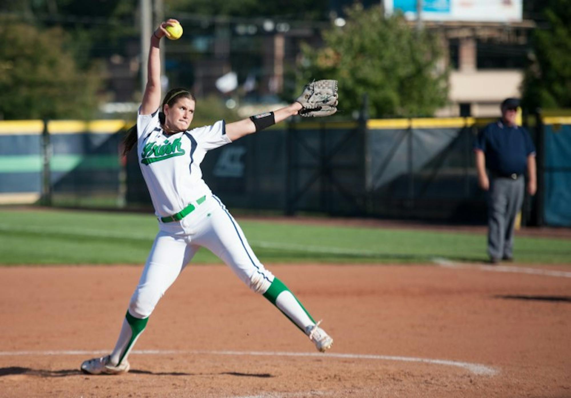 Irish senior right-handed pitcher Rachel Nasland delivers a pitch during Notre Dame's exhibition game with Illinois State on Oct. 9 at Melissa Cook Stadium.