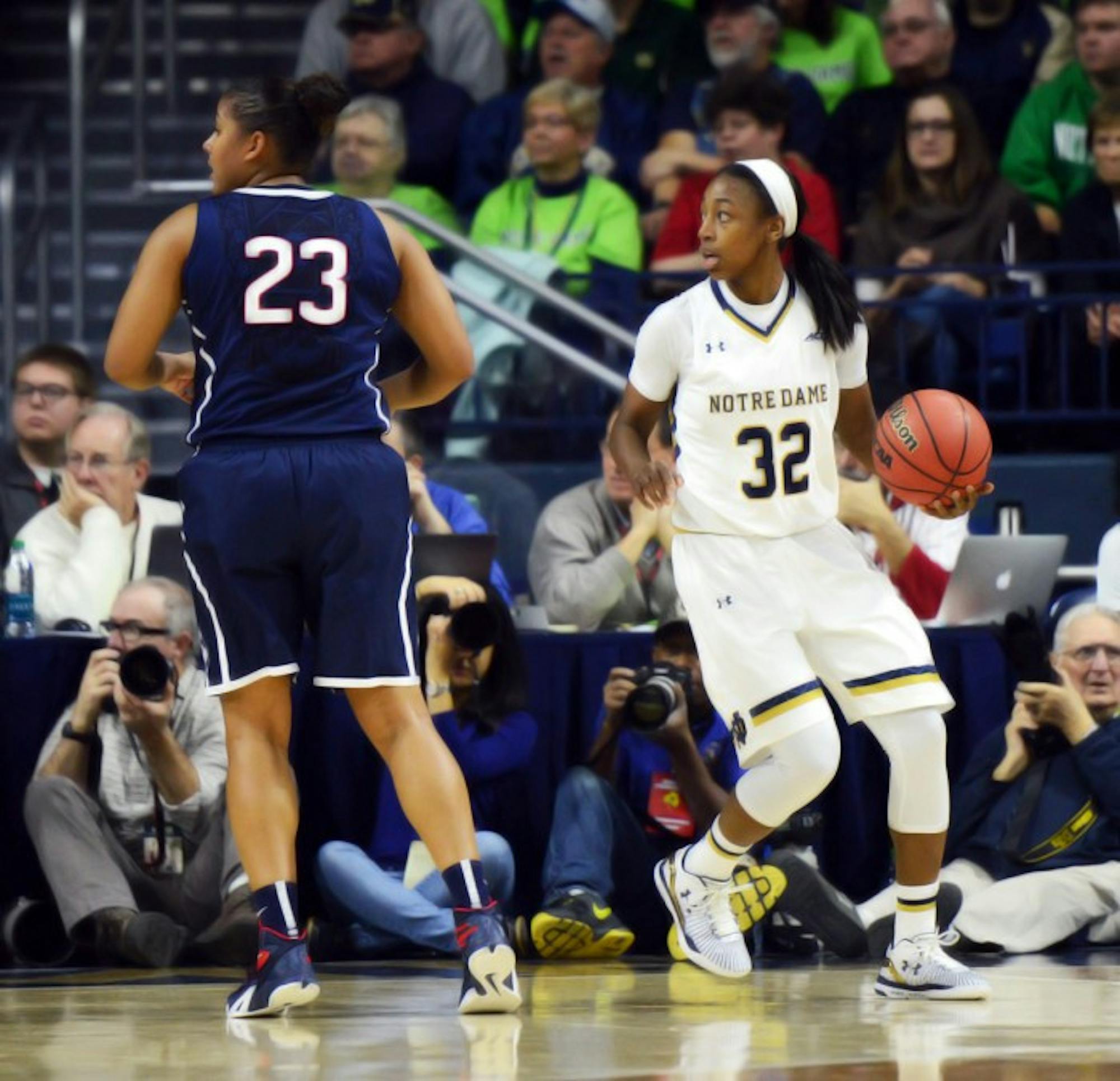 Irish junior guard Jewell Loyd looks to the referee after a whistle during Notre Dame’s 74-56 loss to Connecticut on Saturday.