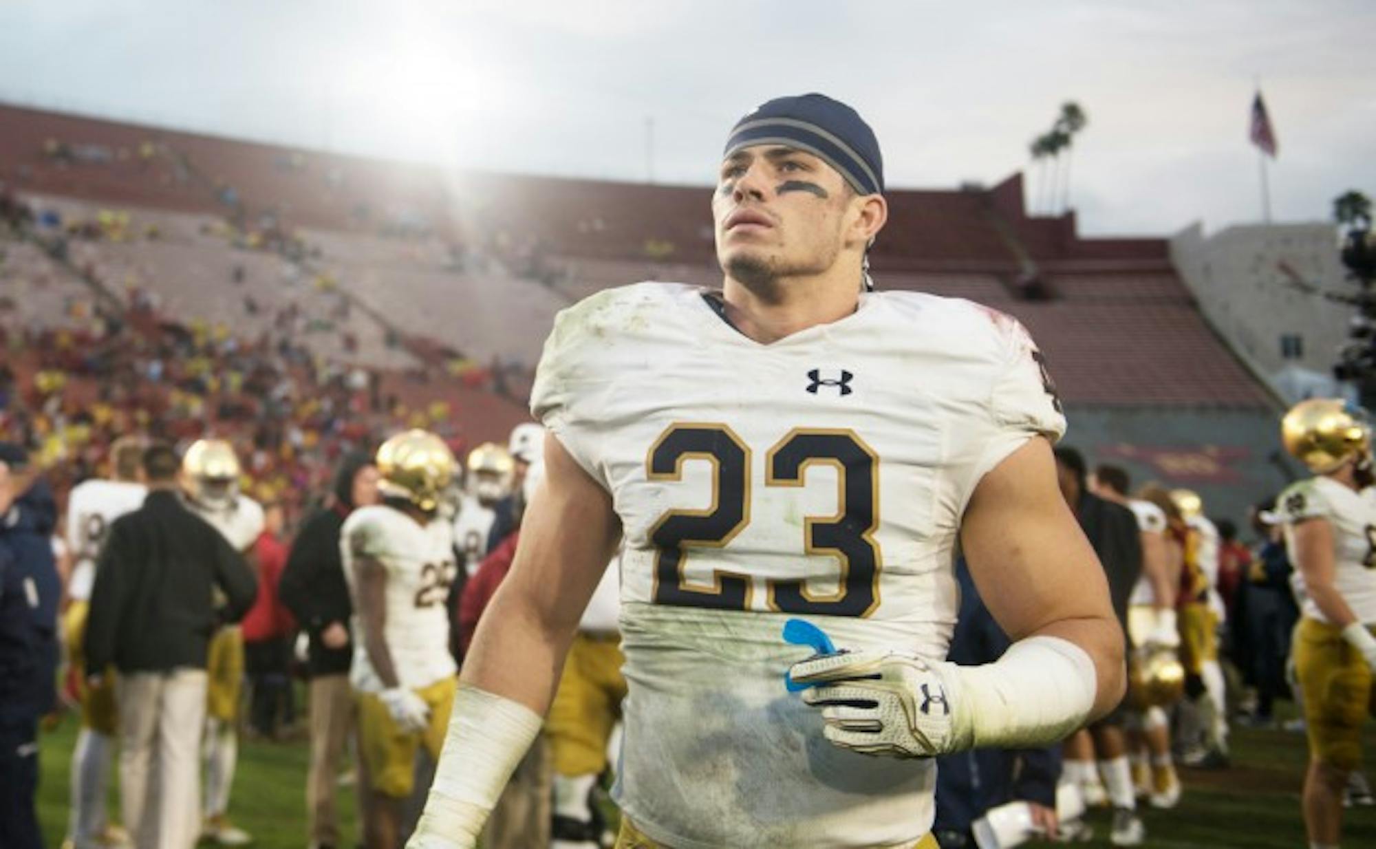 Irish senior safety Drue Tranquill leaves the field after Notre Dame's 45-27 loss to USC on Nov. 26.