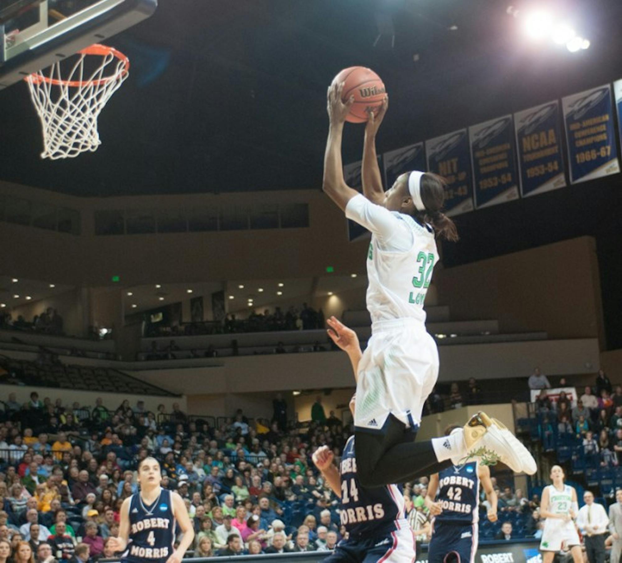 Irish sophomore guard Jewell Loyd goes up for a jumpshot during Notre Dame's 93-42 win over Robert Morris in the first round of the NCAA tournament on Mar. 22.