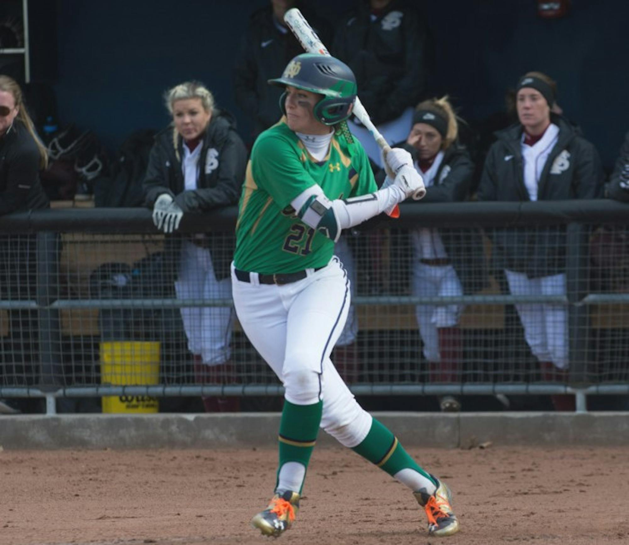 Junior center fielder Karley Wester takes a cut during Notre Dame’s doubleheader against Florida State on Sunday. Notre Dame lost the first game 14-5 but won the second game 5-4.
