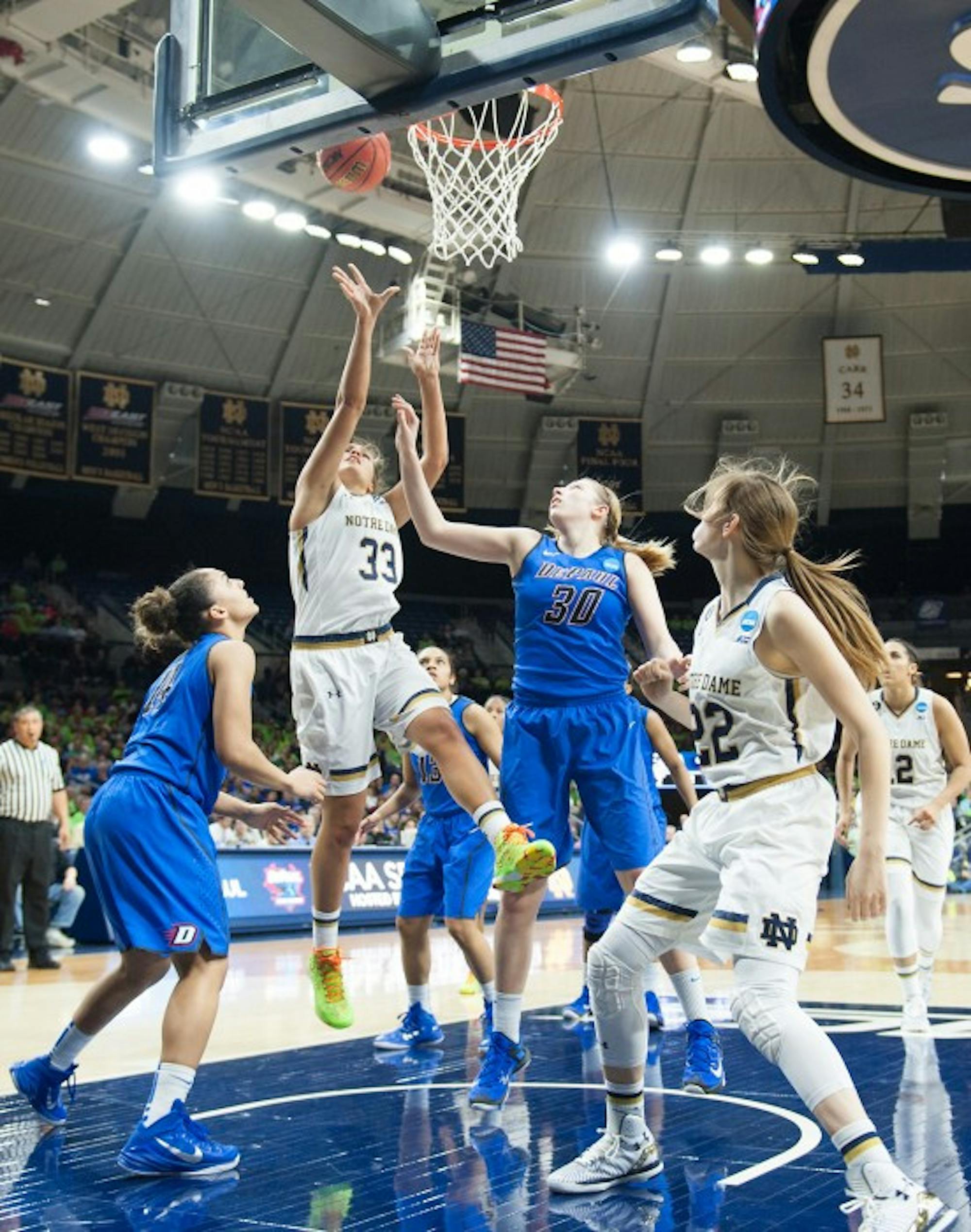 Irish freshman forward Kathryn Westbeld goes up for a shot during Notre Dame's 79-67 win over Depaul on Sunday at Purcell Pavilion.