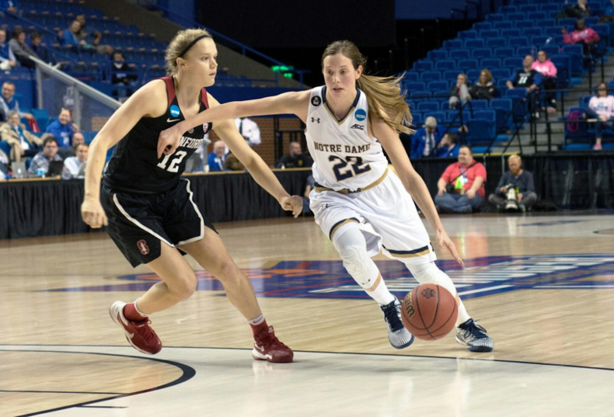 Irish graduate student guard Madison Cable dribbles past a defender during Notre Dame’s 90-84 loss to Stanford on March 25 in the Sweet 16. Cable was the team’s second-highest scorer this season.
