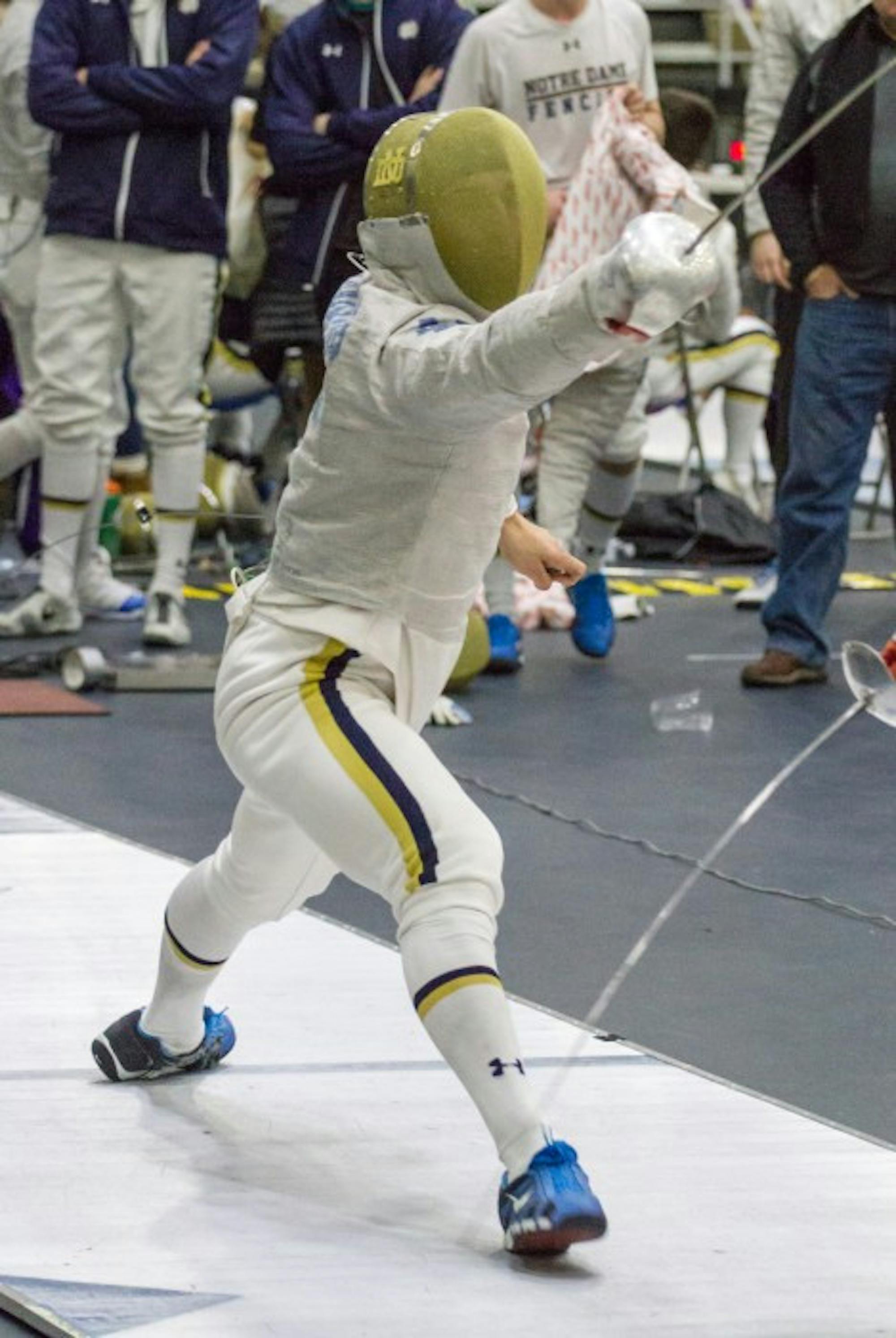 Irish sophomore Jonah Shainberg parries a blow in a match during the DeCicco Duals on Jan. 30 at the Castellan Family Fencing Center. Shainberg went 3-0 in sabre against Penn State in the Duals.