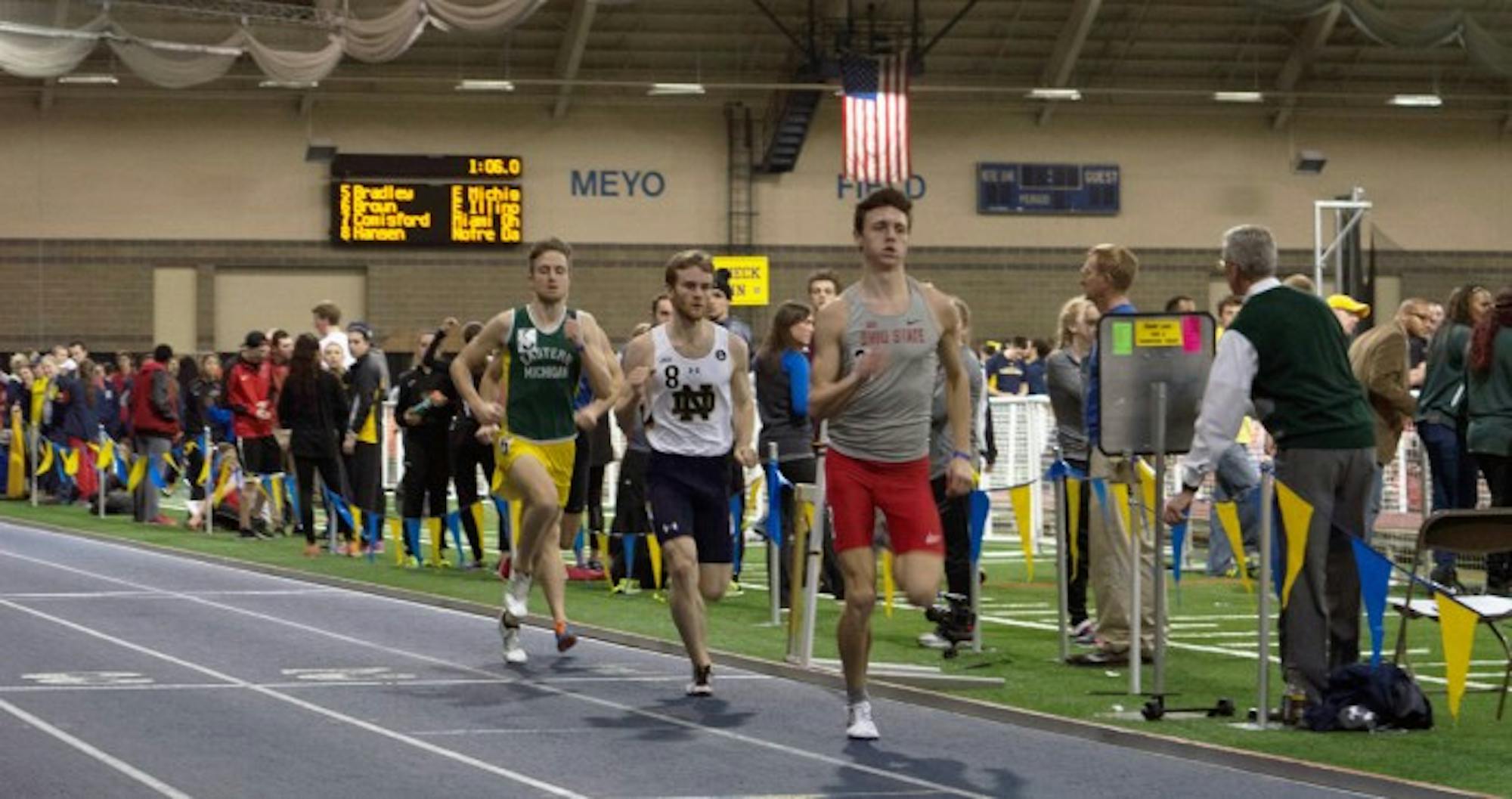 Irish sophomore Kirk Hansen sets his sights on the runner ahead of him during the 800-meter run at the Meyo Invitational on Feb. 6 at Loftus Sports Center. Hansen finished in 17th place in the event.