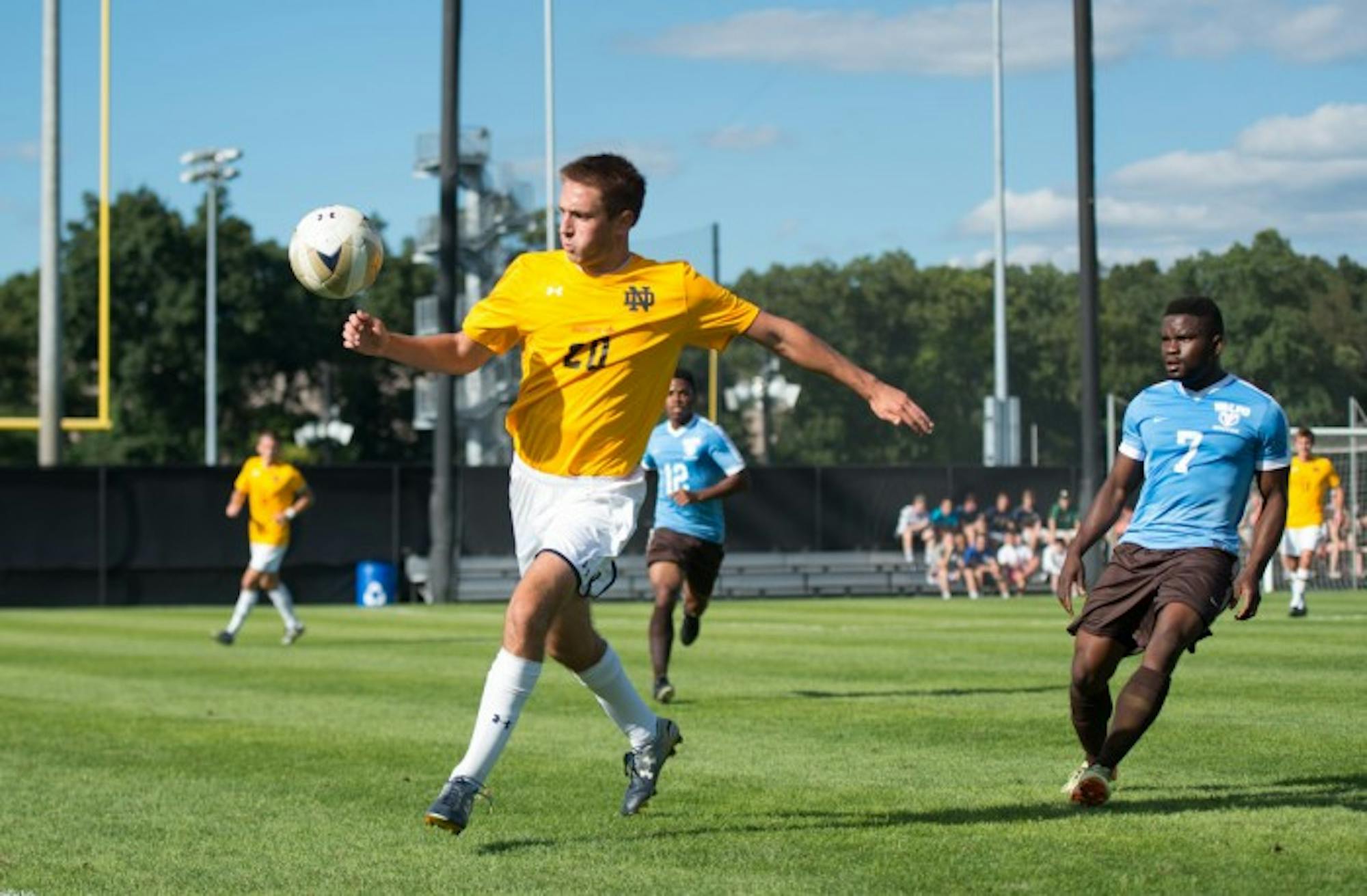 Junior defender Blake Townes plays the ball during Notre Dame’s 1-1 tie versus Valparaiso at Alumni Stadium on Monday. The Irish closed out their preseason schedule with the stalemate.
