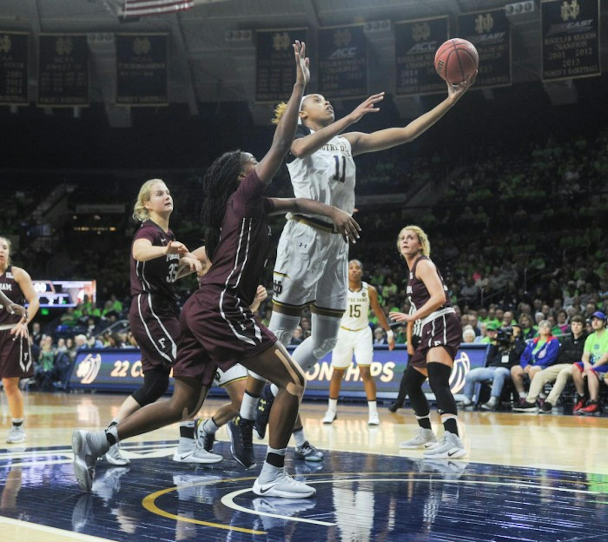 Junior forward Brianna Turner extends for a layup during Notre Dame’s 67-36 victory over Fordham on Nov. 14 at Purcell Pavilion. Turner is averaging 13.3 points on a team-high .579 percentage on the season.