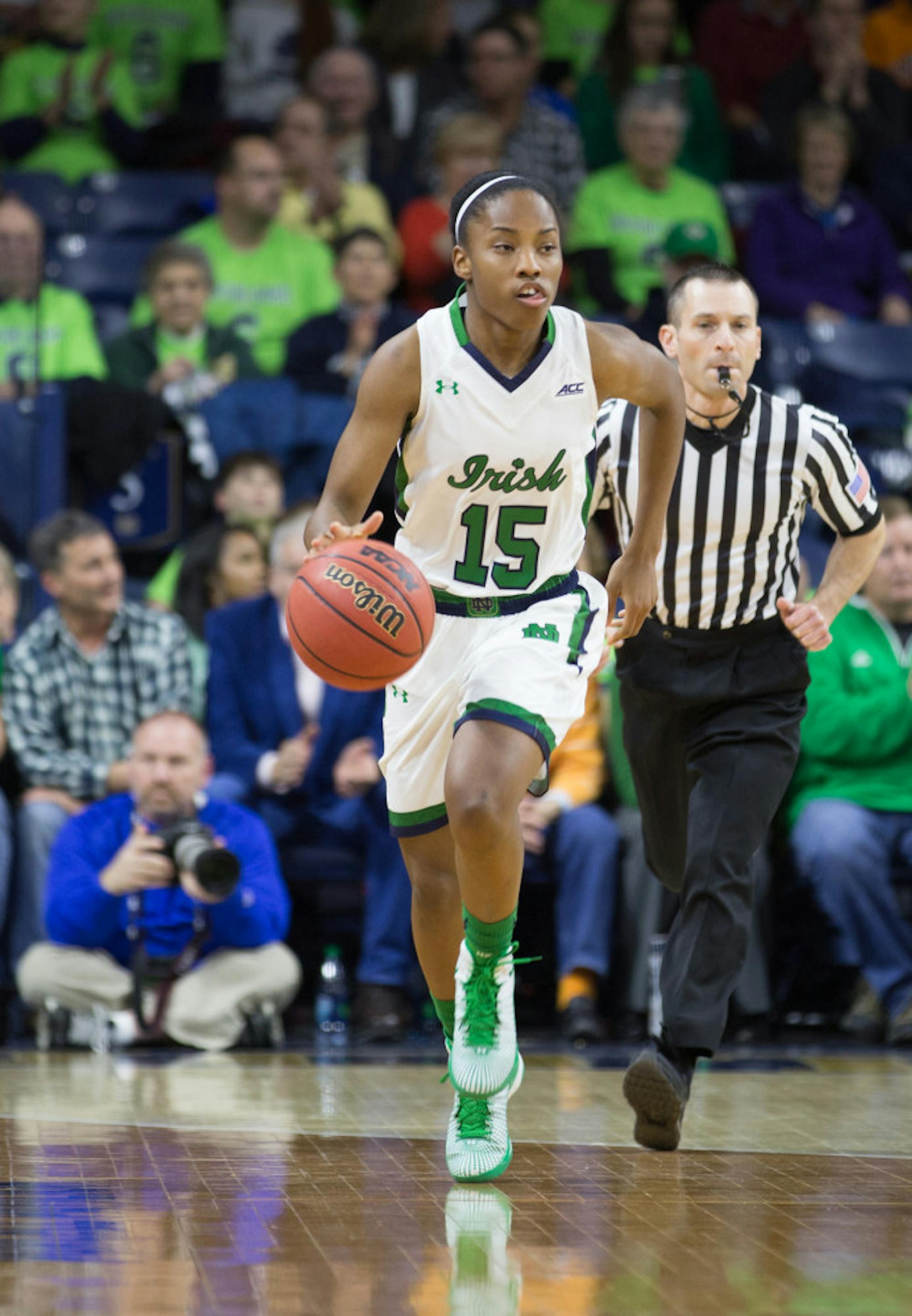 Irish sophomore guard Lindsay Allen brings the ball up the court during Notre Dame’s 88-77 win over Tennessee on Monday at Purcell Pavilion.