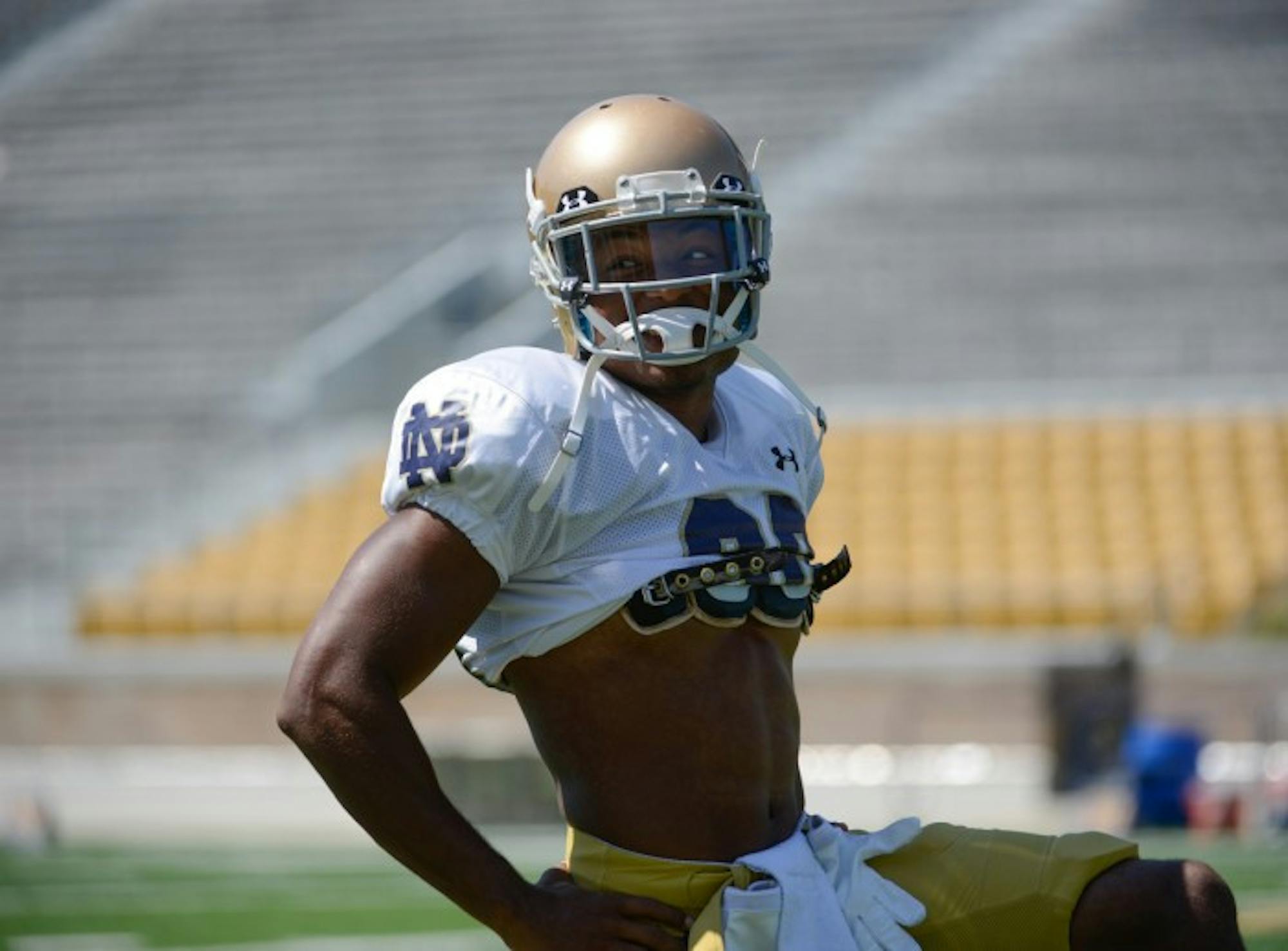 Senior cornerback KeiVarae Russell takes a break during a pracitce on Aug. 21 at LaBar Practice Field. Russell will make his first apperance for the Irish in over a year against Texas on Saturday.