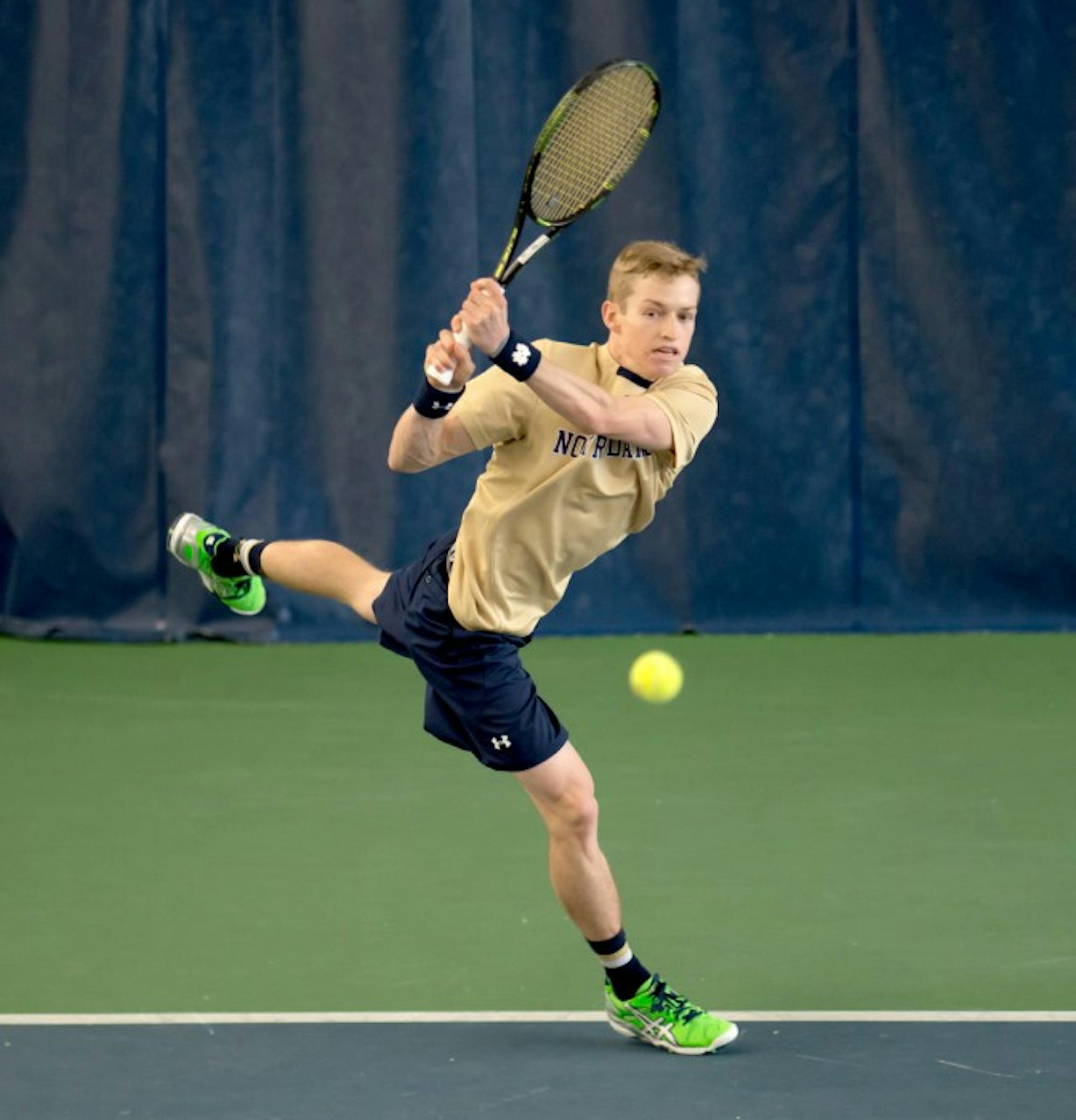 Notre Dame sophomore Josh Hagar follows through on a shot during a 4-3 win over Oklahoma State on Jan. 24 at Eck Tennis Center.