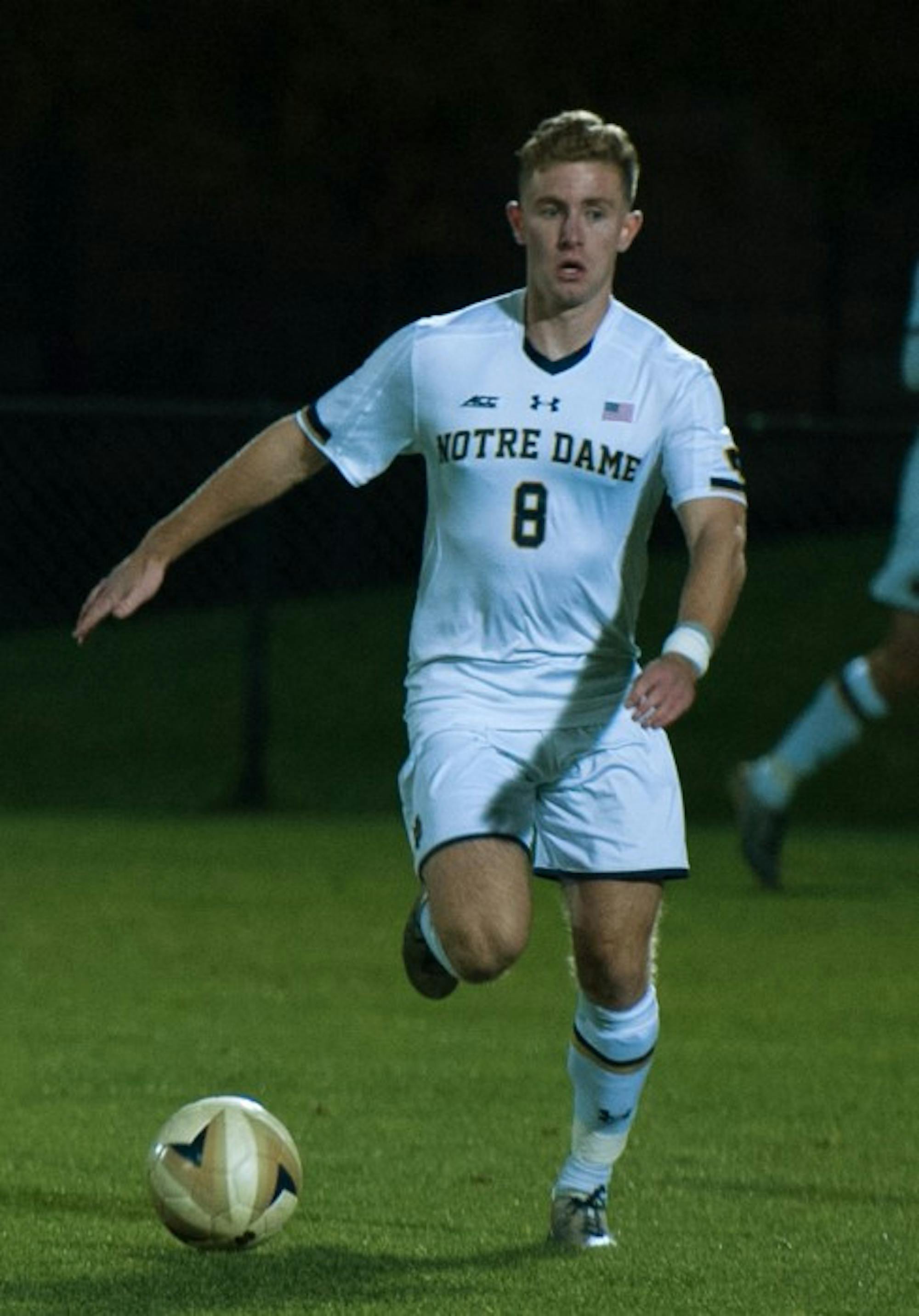 Irish senior forward dribbles across the field during Notre Dame's 1-0 loss to Michigan State on Oct. 25 at Alumni Stadium.