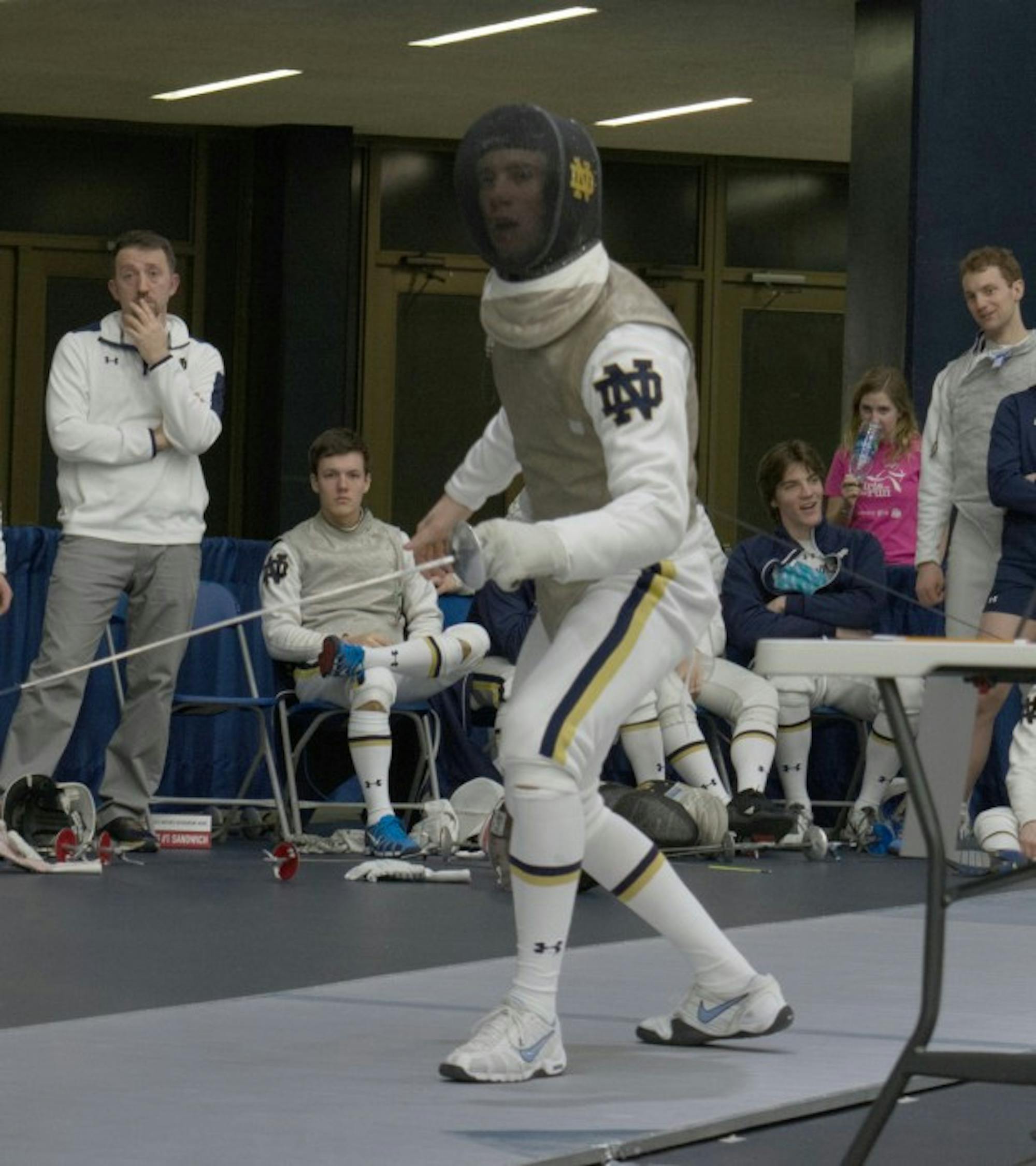 Irish sophomore foil Virgile Collineau searches for an opening during the first day of the DeCicco Duals on Jan. 16 at Castelan Family Fencing Center. Collineau was named ACC Male Fencer of the Week last week.