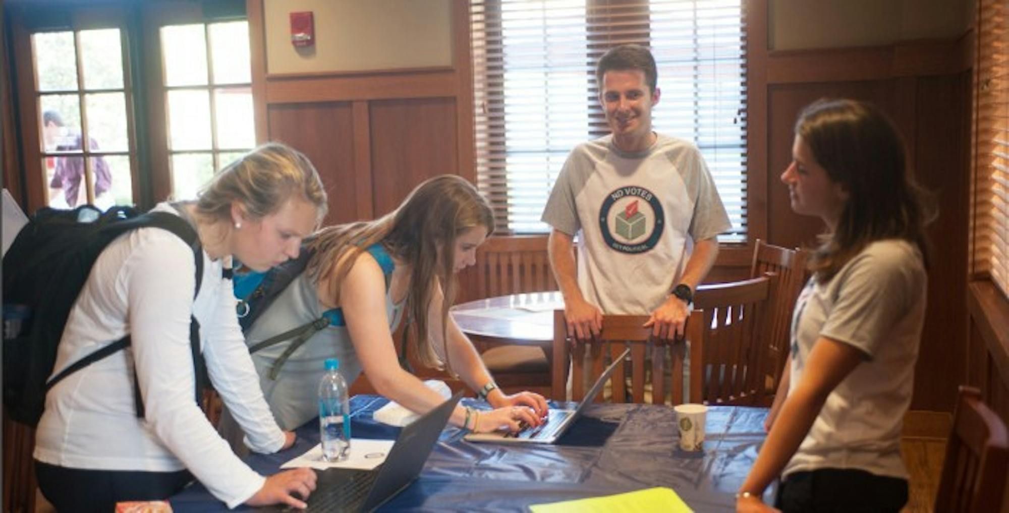 NDVotes representatives help students sign up for TurboVote, an online platform that facilitates the voter registration and absentee voting processes. NDVotes, a non-partisan group, seeks to foster educated voting.