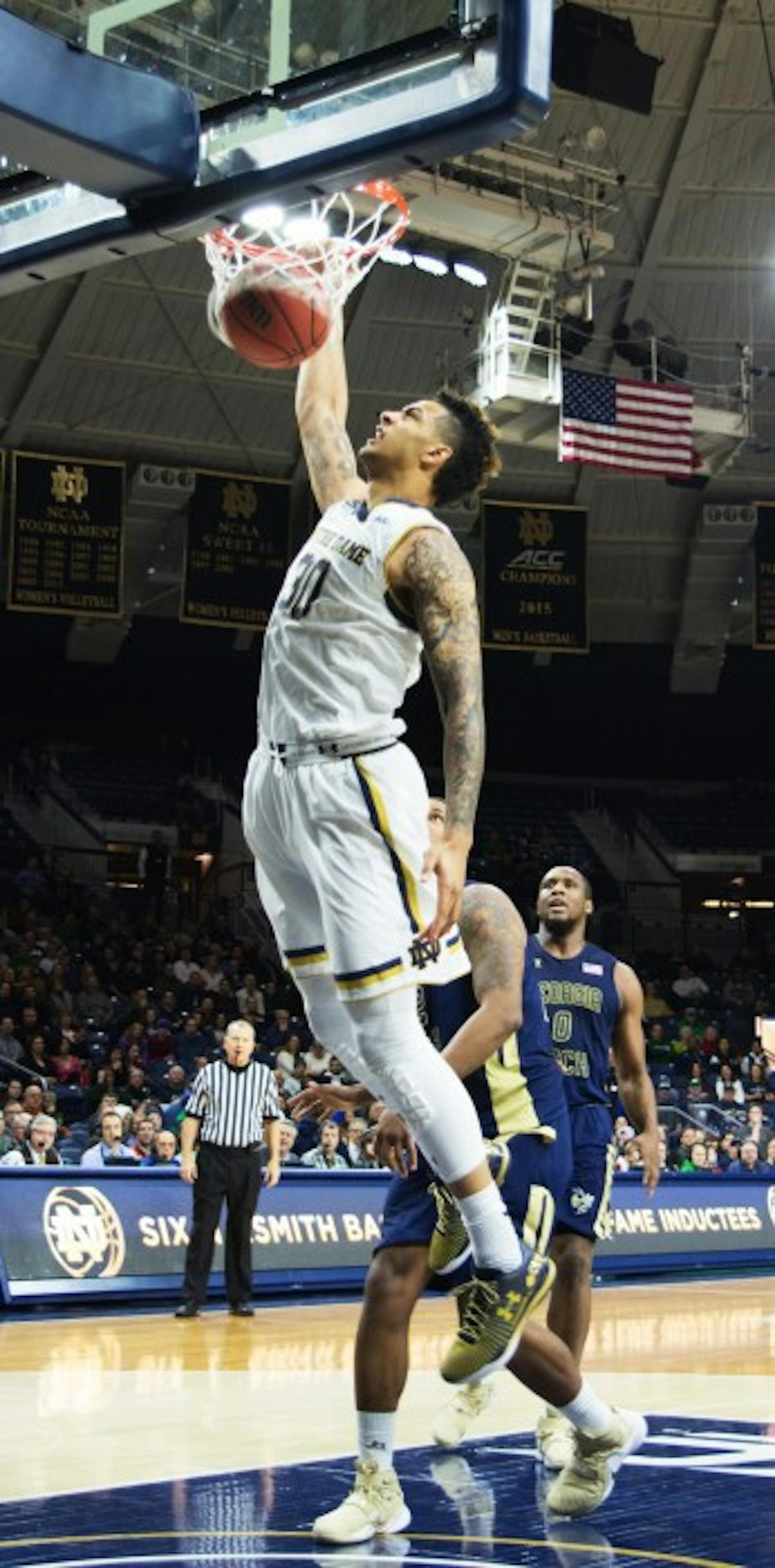 Irish senior forward Zach Auguste dunks during Notre Dame’s 72-64 win over Georgia Tech on Jan. 20 at Purcell Pavilion.