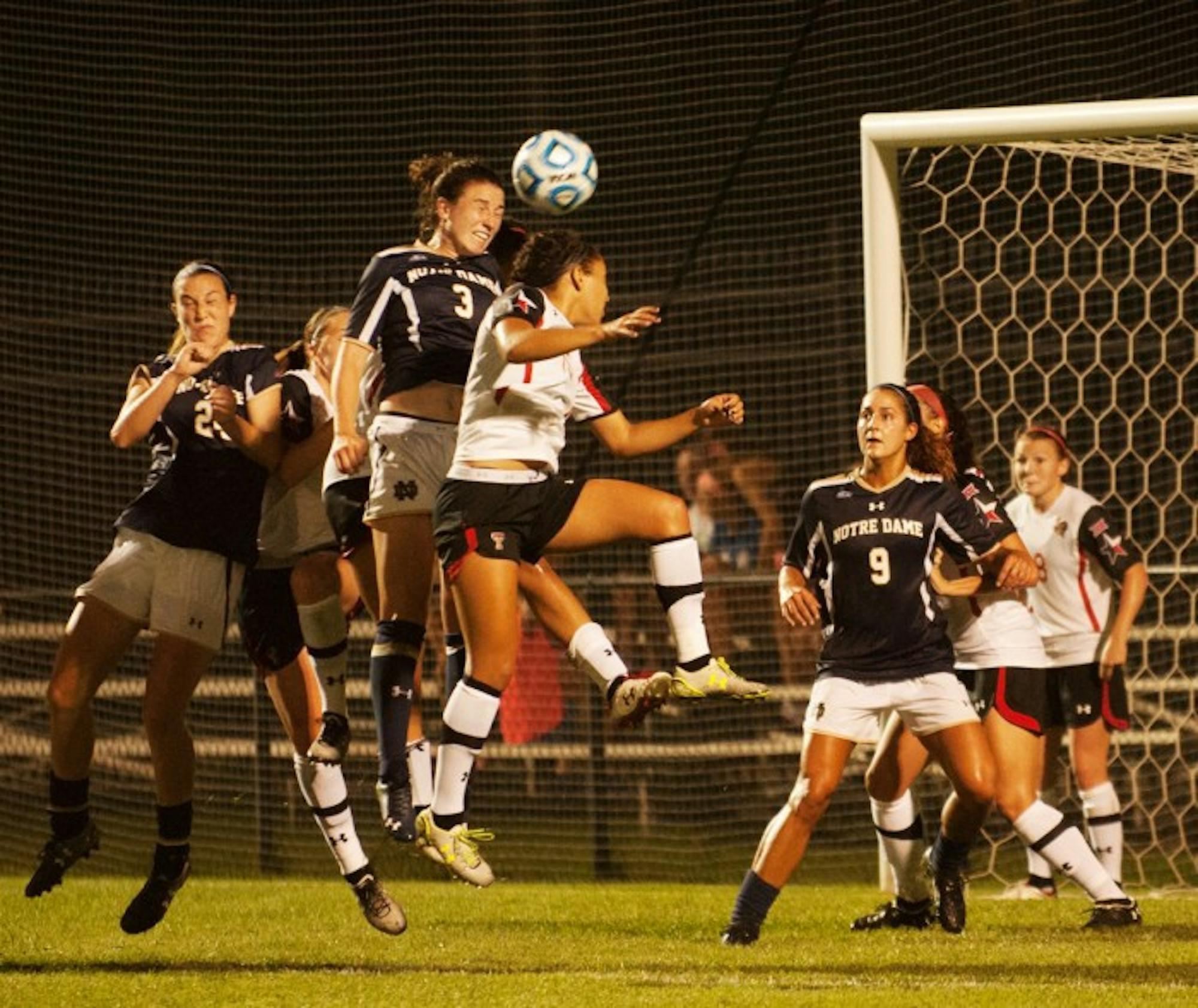 Irish sophomore midfielder Morgan Andrews goes up for a contested header in Notre Dame’s 2-1 loss to Texas Tech on Aug. 29.