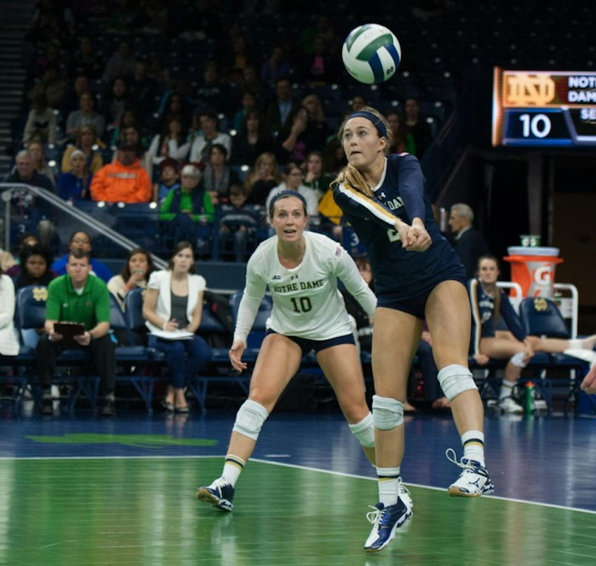 Irish freshman libero Natalie Johnson bumps the ball forward in a 3-2 victory over Louisville on Nov. 9 at Purcell Pavilion.