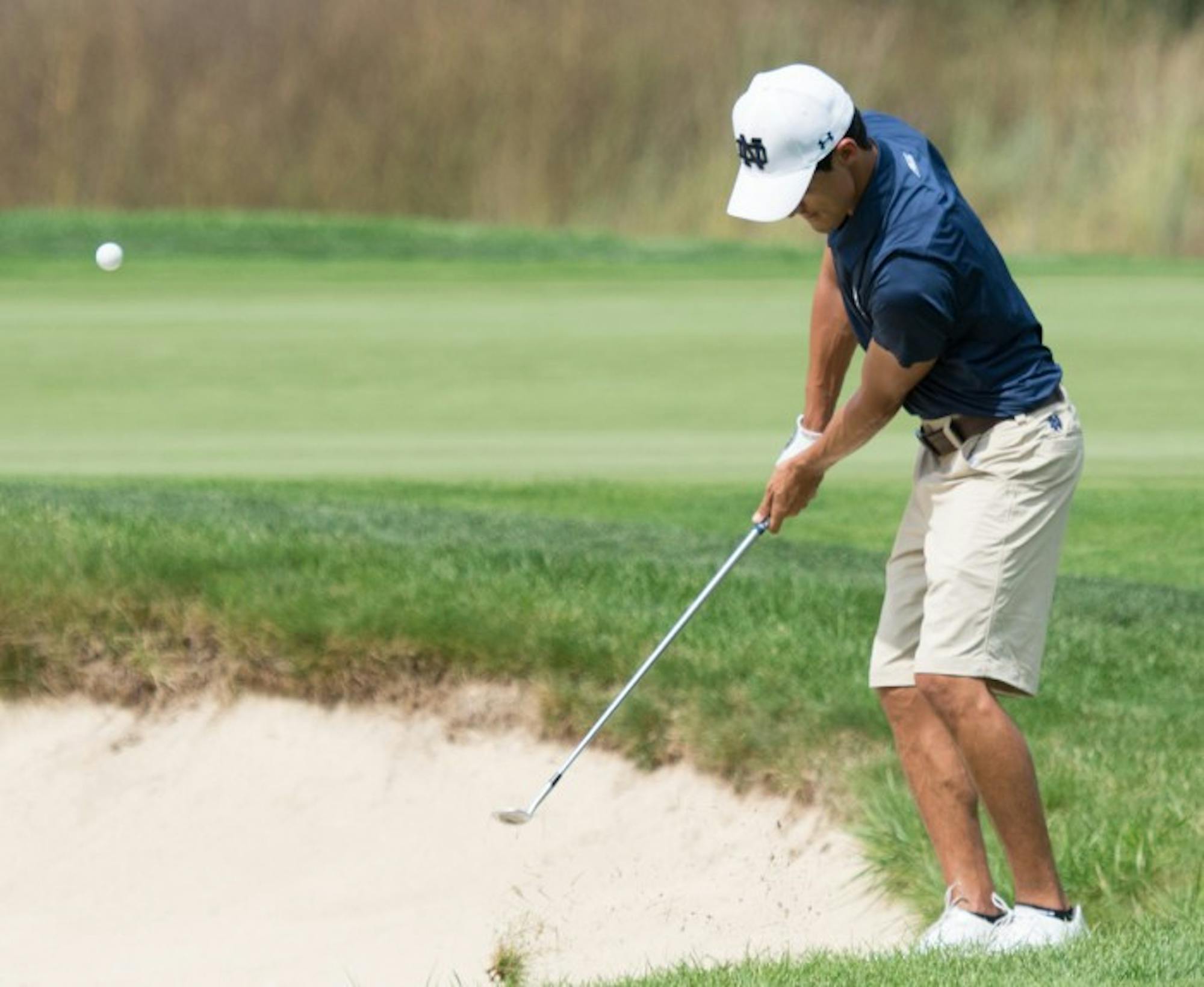 Irish senior Zach Toste follows through on a shot during the Notre Dame Kickoff Challenge on Aug. 31, 2014 at Warren Golf Course. Toste finised the day 17th overall while his Irish team won the event.