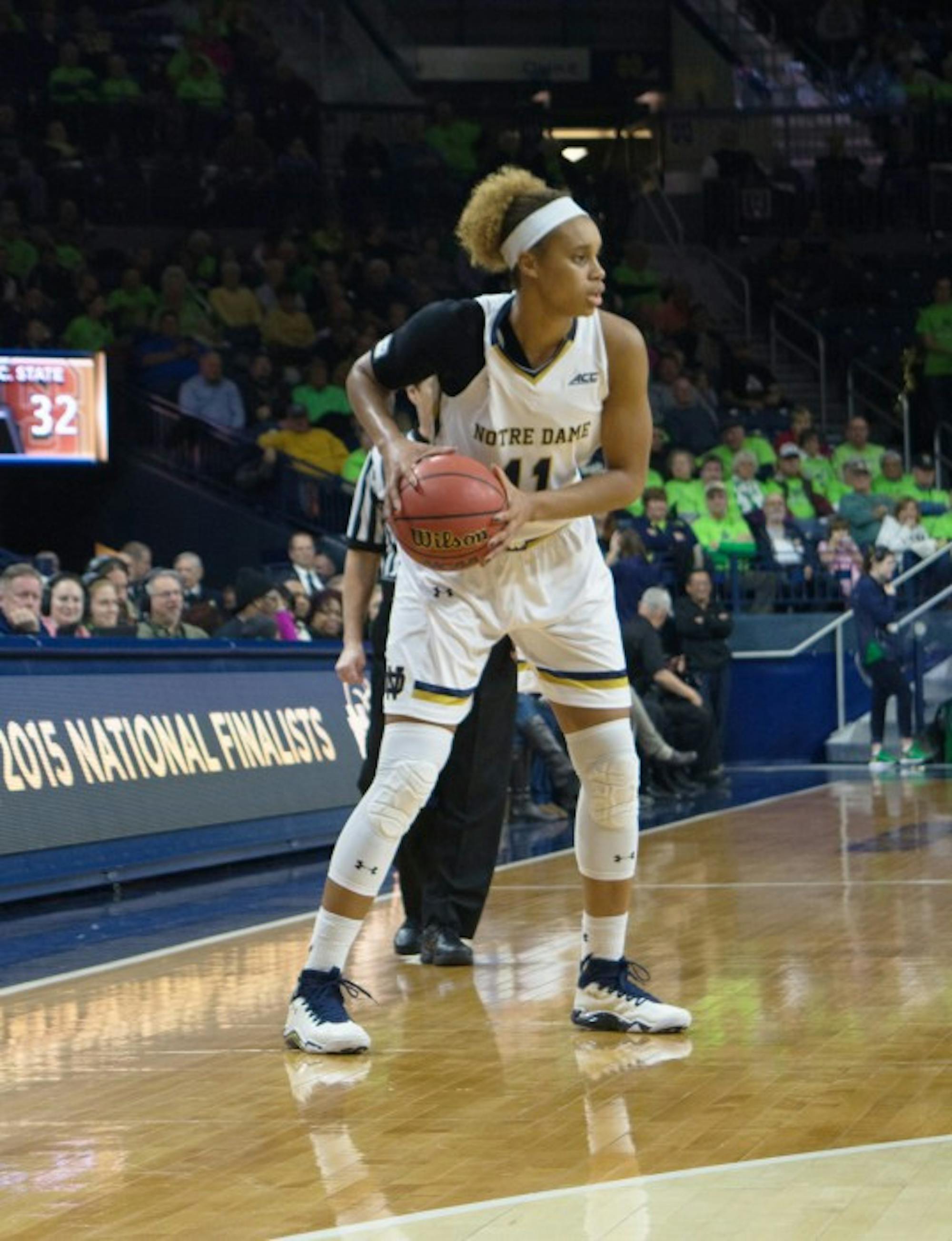 Irish sophomore forward Brianna Turner surveys the court during Notre Dame’s 82-46 win over North Carolina State on Thursday. Turner has anchored the Irish defensively, averaging 3.3 blocks per game.