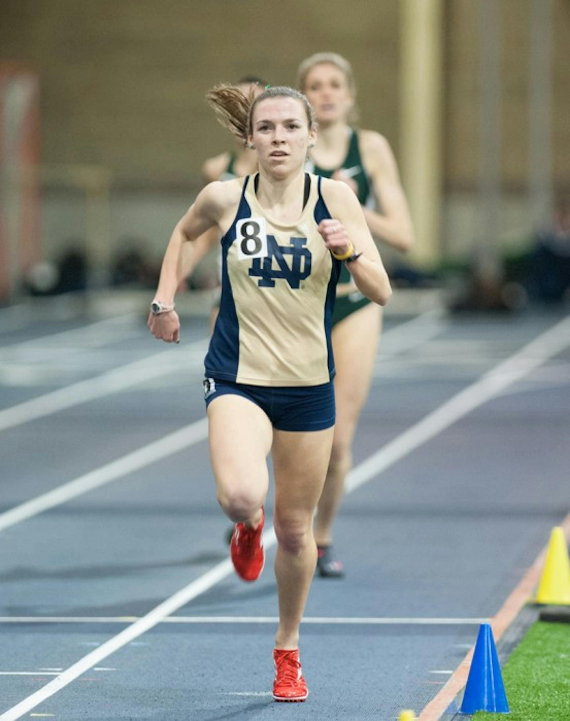 Senior Alexa Aragon pushes to the finish during the Notre Dame Invitational on jan. 25 at the Loftus Sports Center. Aragon finished sixth in the first heat of the women's 3000-meter steeplechase over the weekend at the Stanford Invitational.