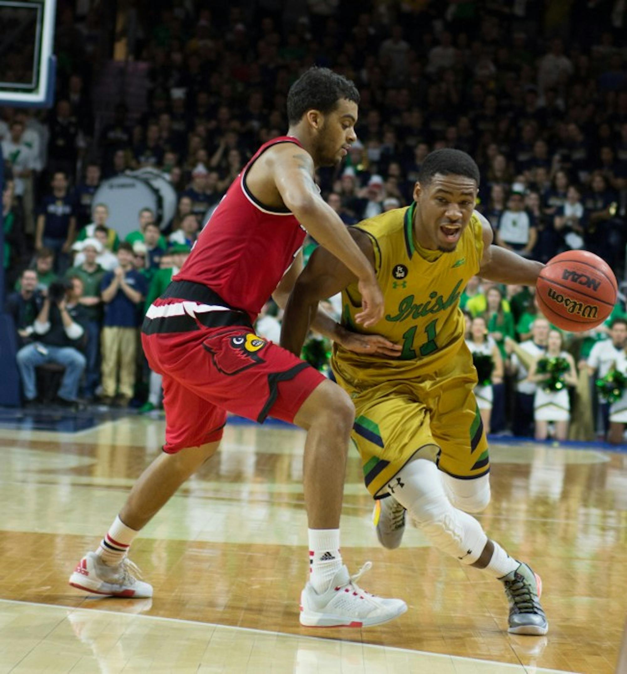 Irish junior guard Demetrius Jackson looks to drive past a defender during Notre Dame’s 71-66 win over Louisville on Feb. 13 at Purcell Pavilion. Jackson had 15 points and five assists against Wake Forest.