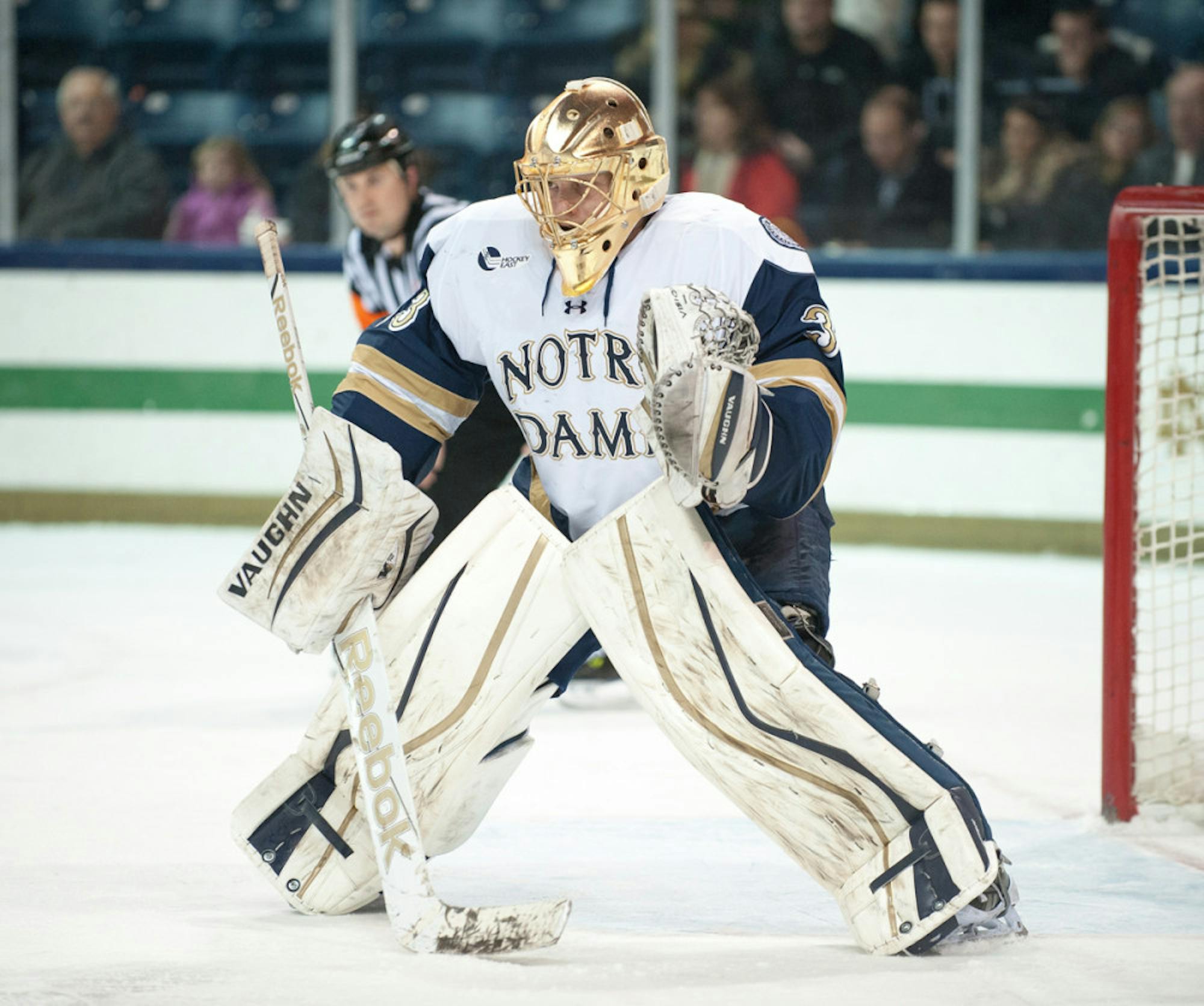 Irish sophomore goalie Chad Katunar waits for the puck to drop against Union at Compton Family Ice Arena on Nov. 28. Notre Dame fell in overtime, 3-2.