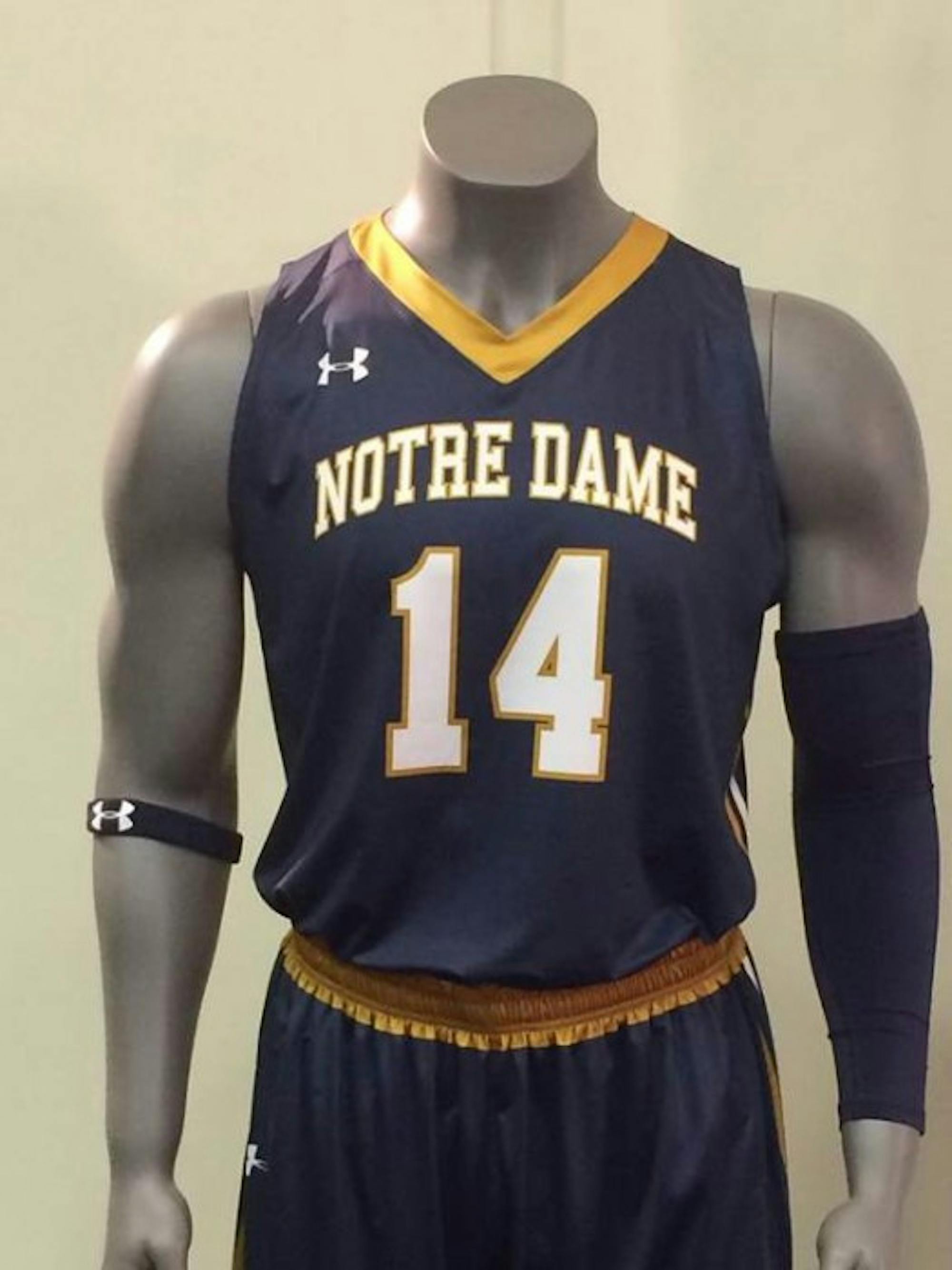 An Under Armour mock-up of a Notre Dame basketball uniform is displayed during Tuesday morning's announcement.