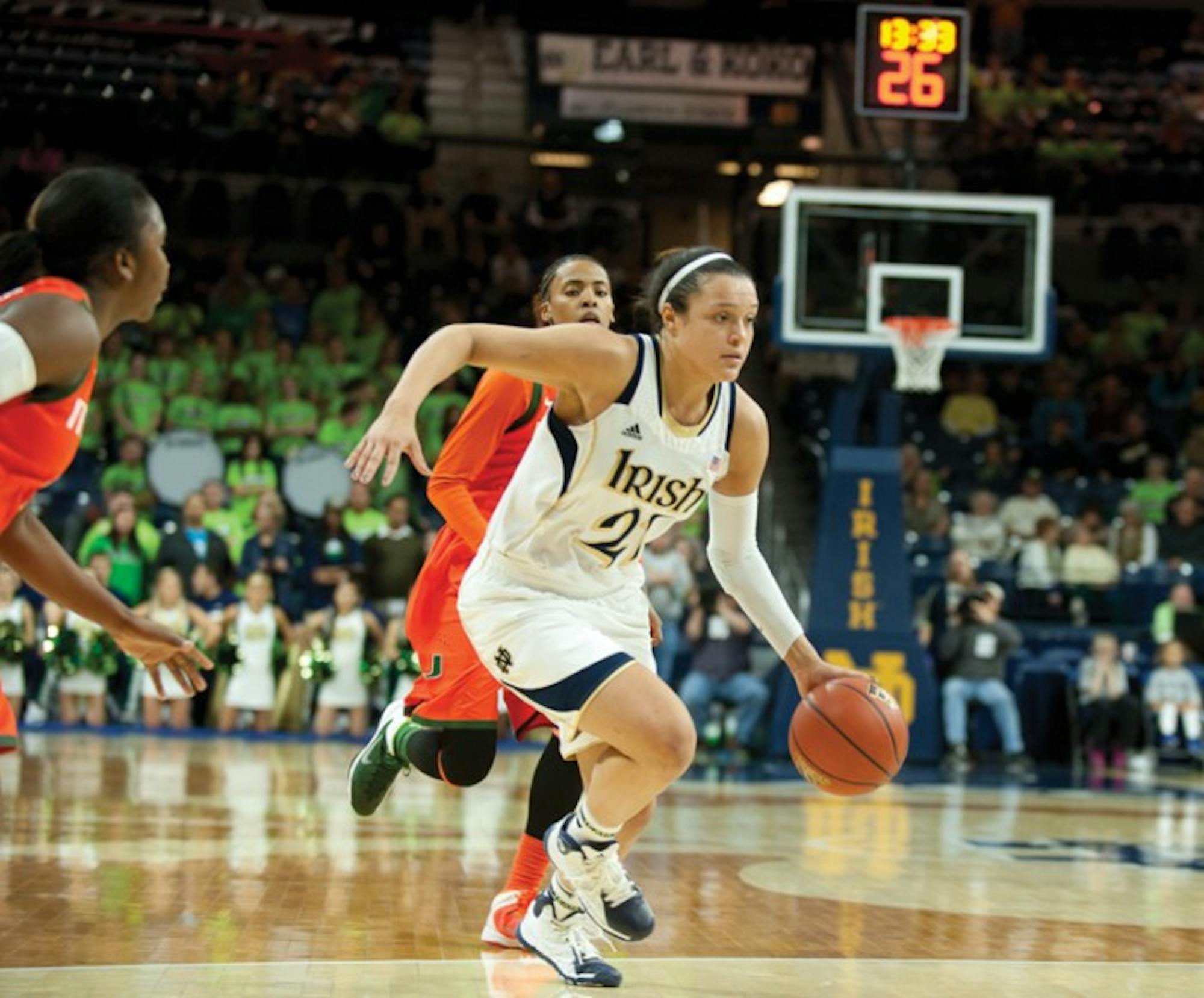 Senior guard Kayla McBride handles the ball during Notre Dame's 79-52 victory Jan. 23 against Miami. Thursday, McBride had 18 points and converted all eight of her free throw attempts.