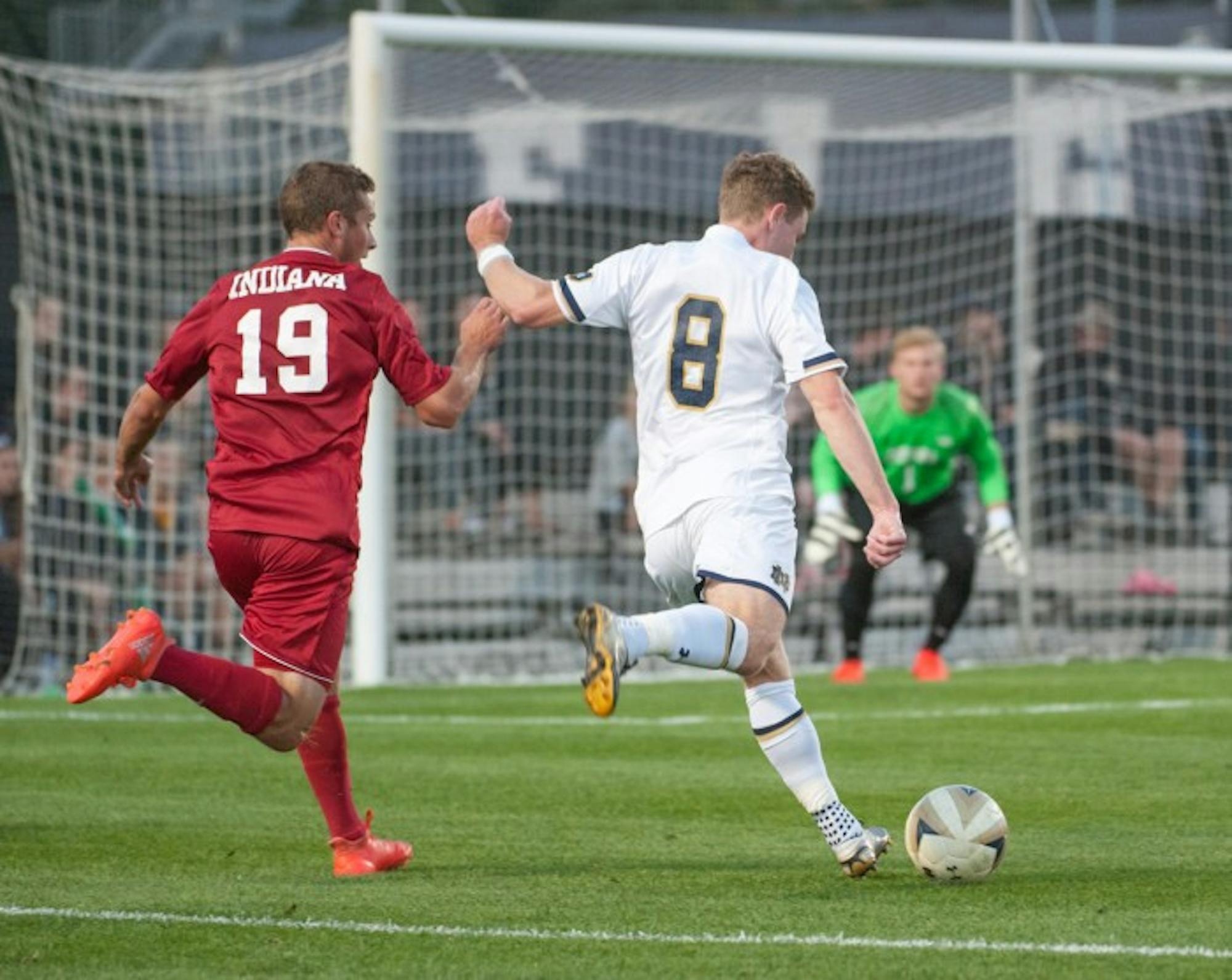 Irish junior forward Jon Gallagher lines up a shot during Notre Dame’s 4-0 victory over Indiana on Oct. 4 at Alumni Stadium.
